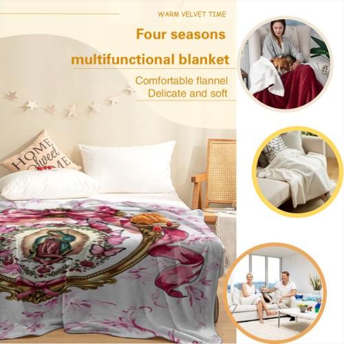 Our Lady of Guadalupe Pink Bow Floral Butterfly Religious Flannel Throw Blanket Catholic Virgin Mary Ornate Frame Faith Home Decor 30*40in 40*50in 50*60in 60*80in US Local Shipping multifunctional couch bed living room Custom Coloring 3D cooling blankets