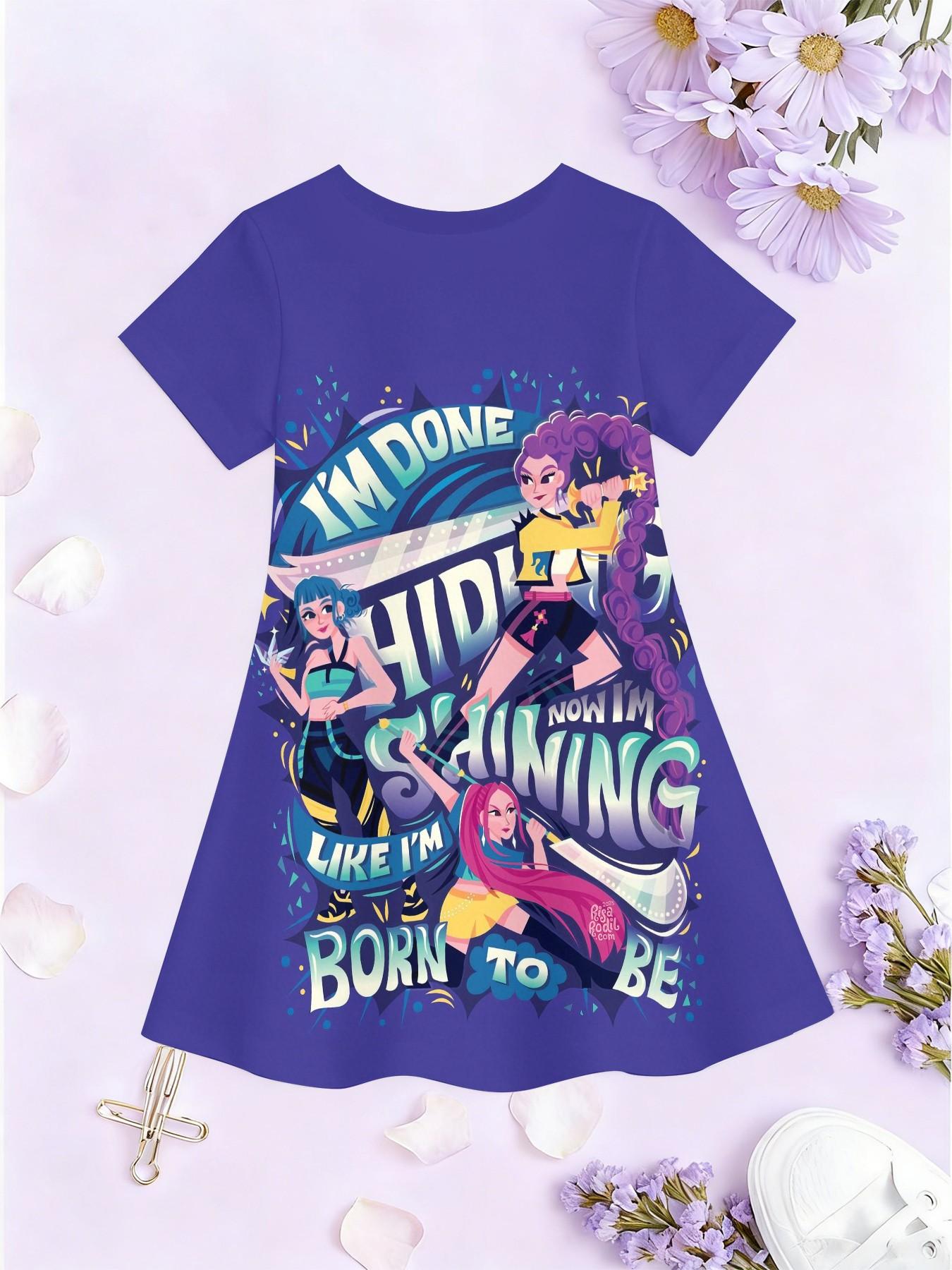 Trendy Girls' Witchcraft Girl Group Born to Be Printed A-Line Dress, Inspirational Short Sleeve Dress, Fashion Outdoor Wear, Birthday Gift, Festival Gift