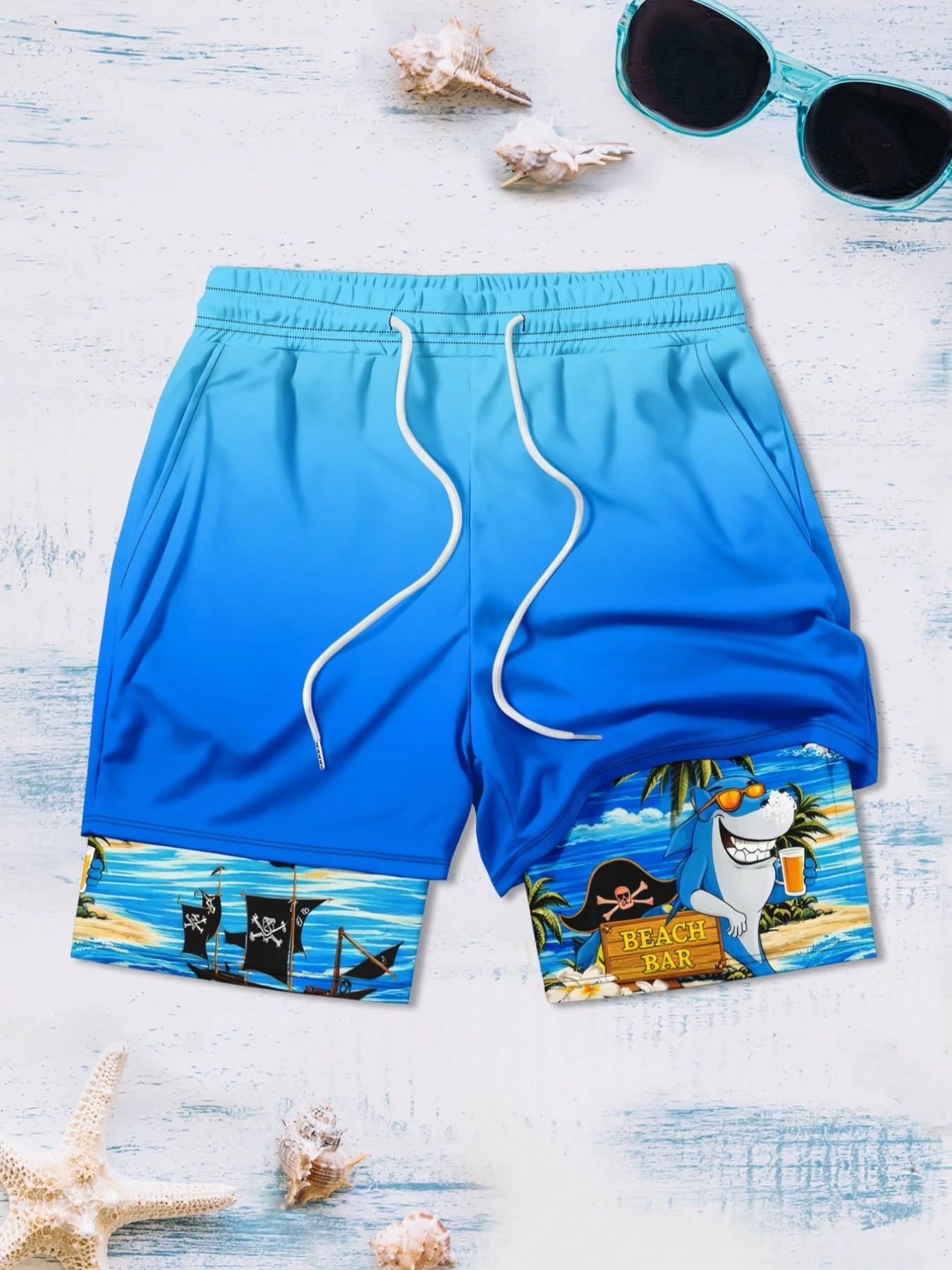 Double-Layer Beach Swim Shorts, Slim-Fit Graphic Print, Fun Pirate Shark Design, Perfect for Coastal Vibes, No Ca Prop 65 Listed