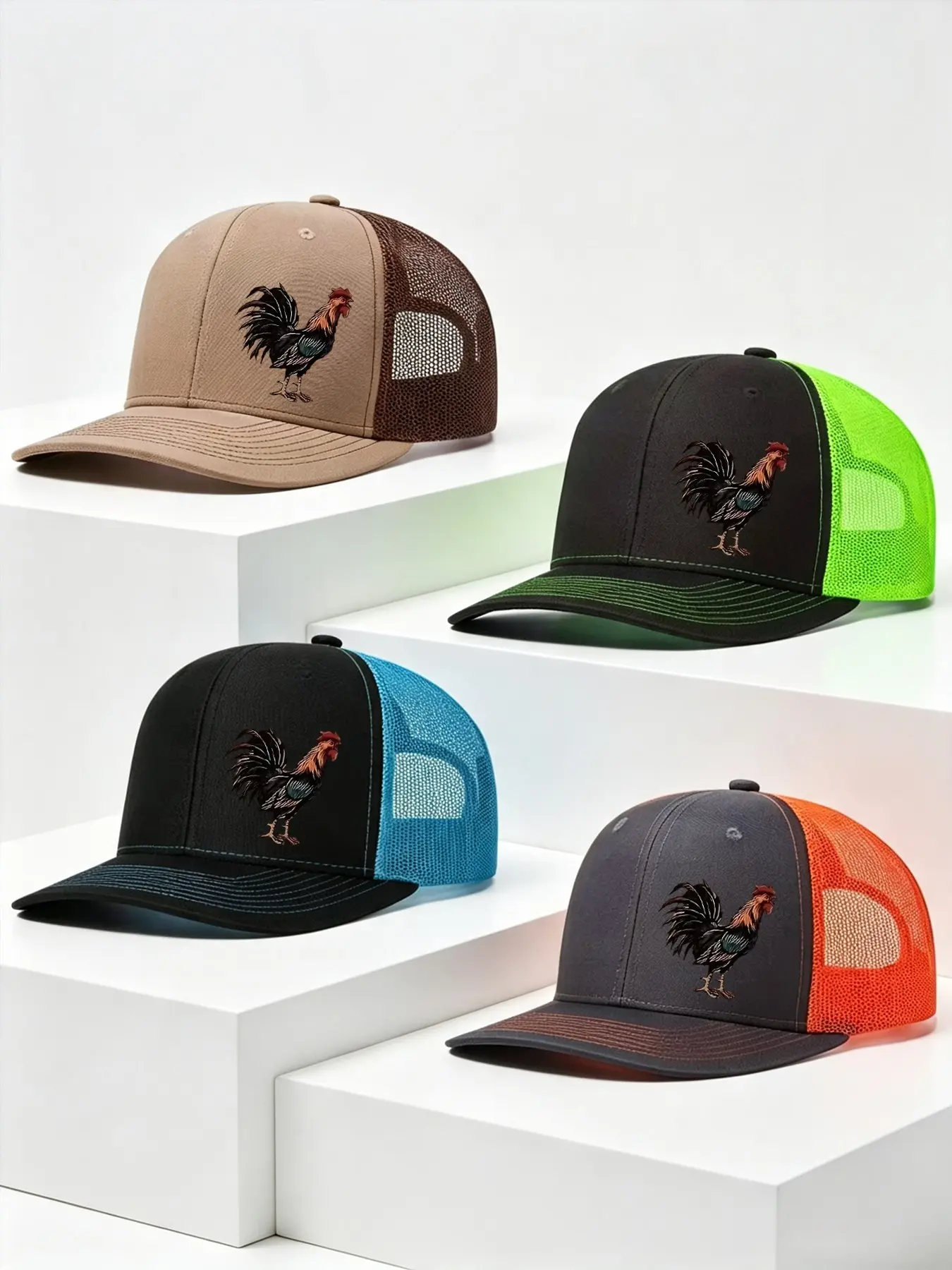 4pcs Unisex Baseball Cap Rooster Printing Hat Mesh Hats for Mens Women Richardson Slightly Curved Brim Baseball Cap Adjustable Trucker Hats Dad Hats Outdoor Mesh Breathable Sun Hat