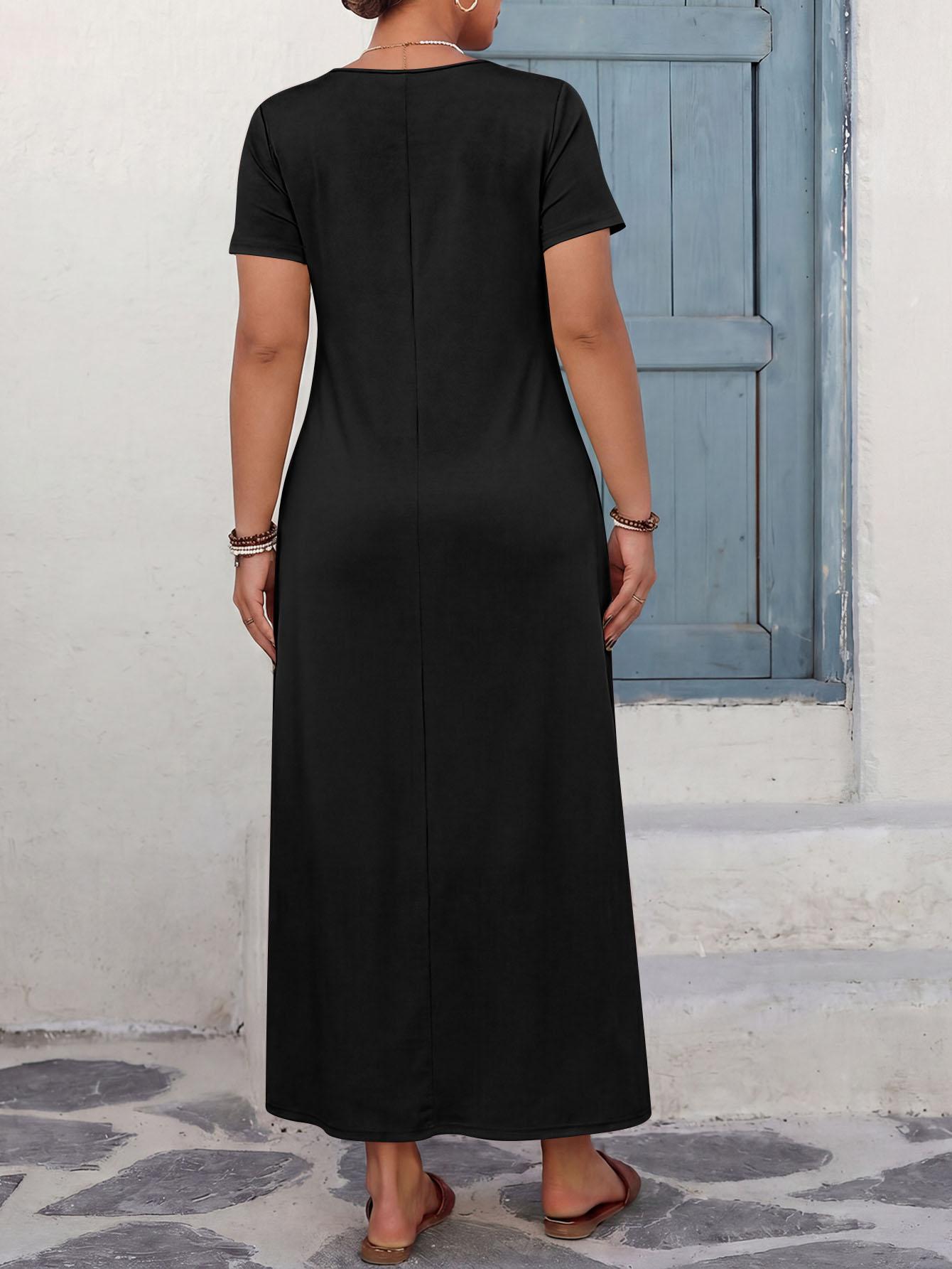 ✨ Plus Size Women's Solid Minimalist Short Sleeve Round Neck Dress, Loose Straight Long Fat Hiding Casual Maxi Dress, Casual Wear