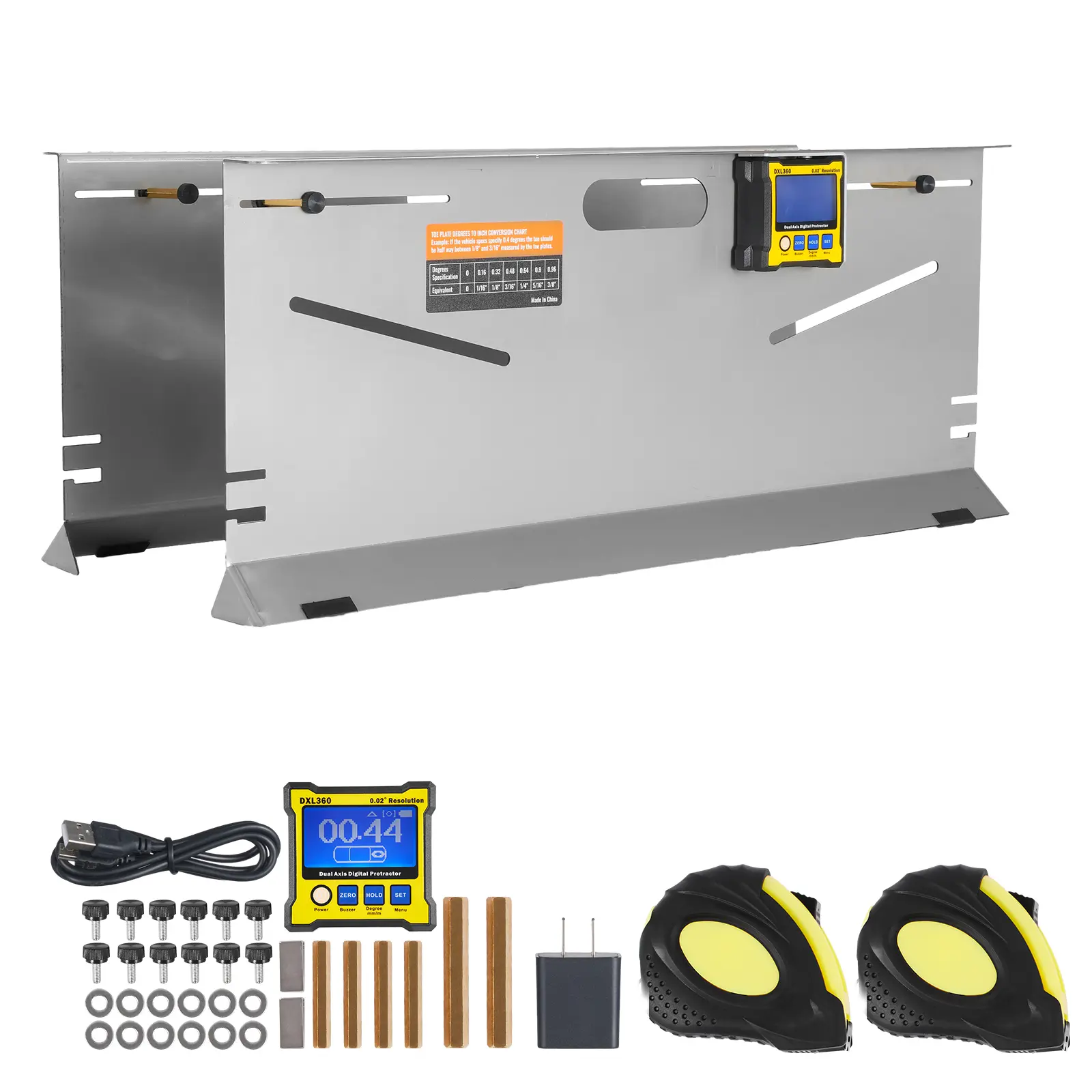 Wheel Alignment Tool, 2-Pack Toe Plates, Camber/Caster/Toe Gauge 0.1° Accuracy, Stainless Steel Tool Plate, Magnetic Slots and 6 Alignment Rods, Includes 2 Measuring Tapes & Conversion Chart