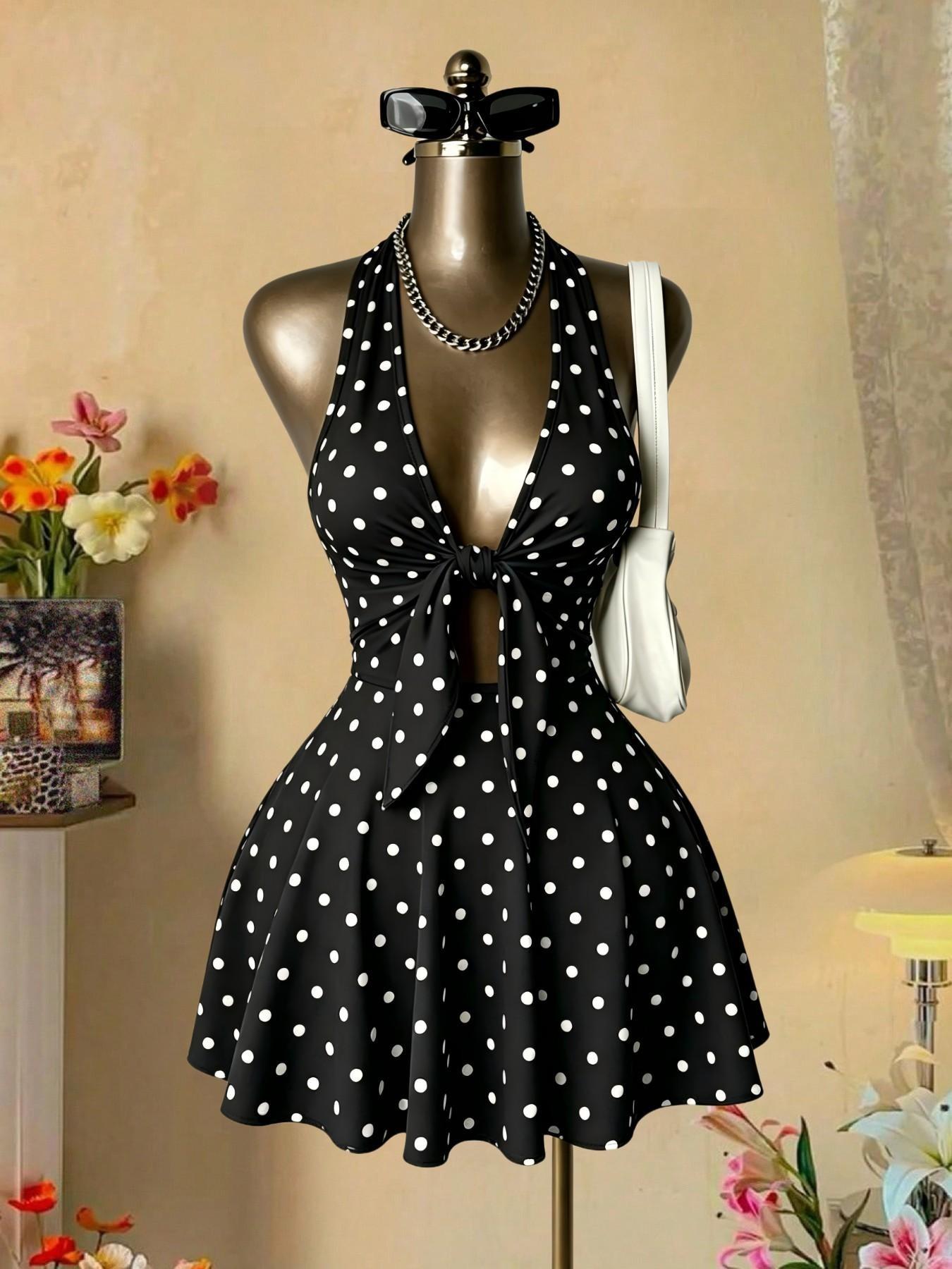 Sexy Halter Deep V Neck Hollow Out A-Line Dress, Summer Streetwear Short Dress, Trendy Single Piece, Graphic, Perfect for Casual, Chic Casual Outfits