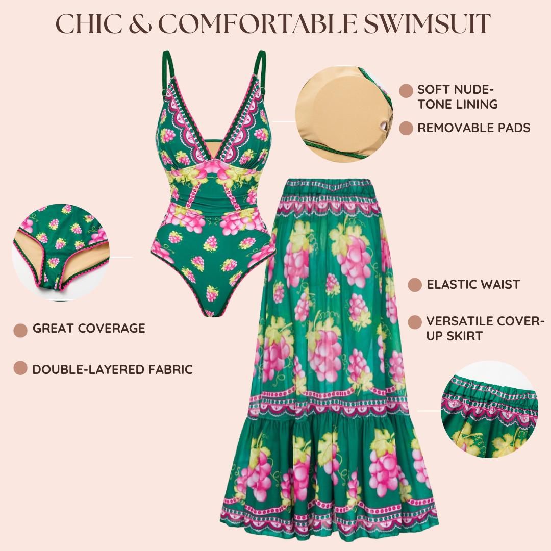 FLAXMAKER Women's Green Grapes Print V Neck Ruched Adjustable Strap One Piece Swimsuit and Skirt Set Swimdress Beach Swimwear Bathing Suit Stylish Beachwear Modest Swimming Wear