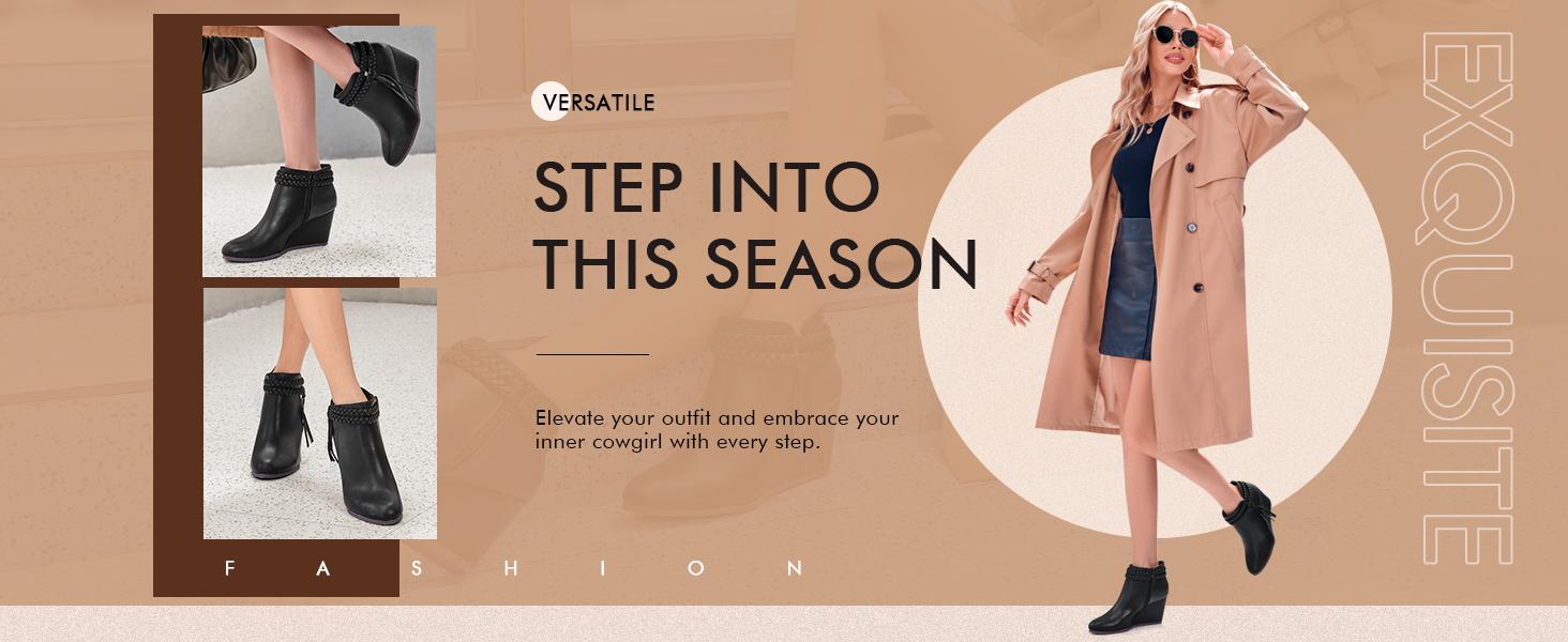 Coutgo Women's Western Wedge Ankle Boots Faux Suede Braided Fringe Strap 3 Inch Heel Fall Booties Dress Shoes Design