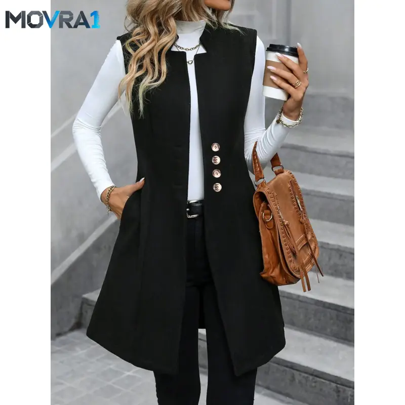 MOVRA1 Women's Stand Collar Sleeveless Jacket, Mid-Length Open Front, Button Detail, A-Line Waist, Loose Fit, Pocket Design, OL Style, Multicolor