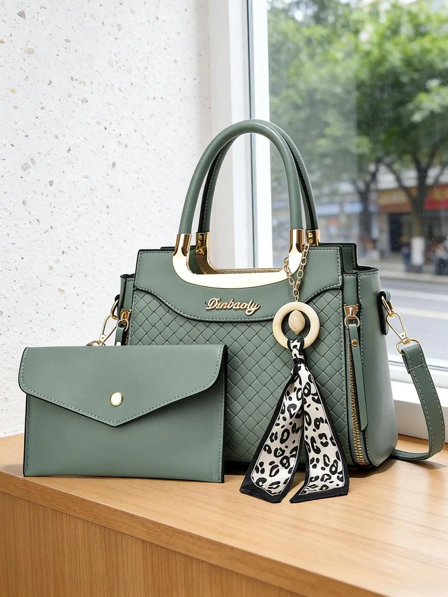 Elegant Women's Handbag Set, High-Quality Diamond Weave Design, Leopard Print Scarf Decoration, Large Capacity Shoulder Bag