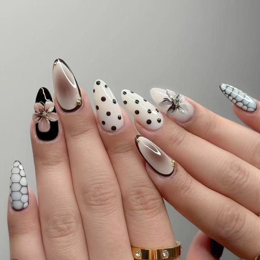 24Pcs Mid-length Gilded Almond Nails Set Press on 3D Flower Gradient Pink Full Cover False Nails Tips Pearl Reusable Fake Nails