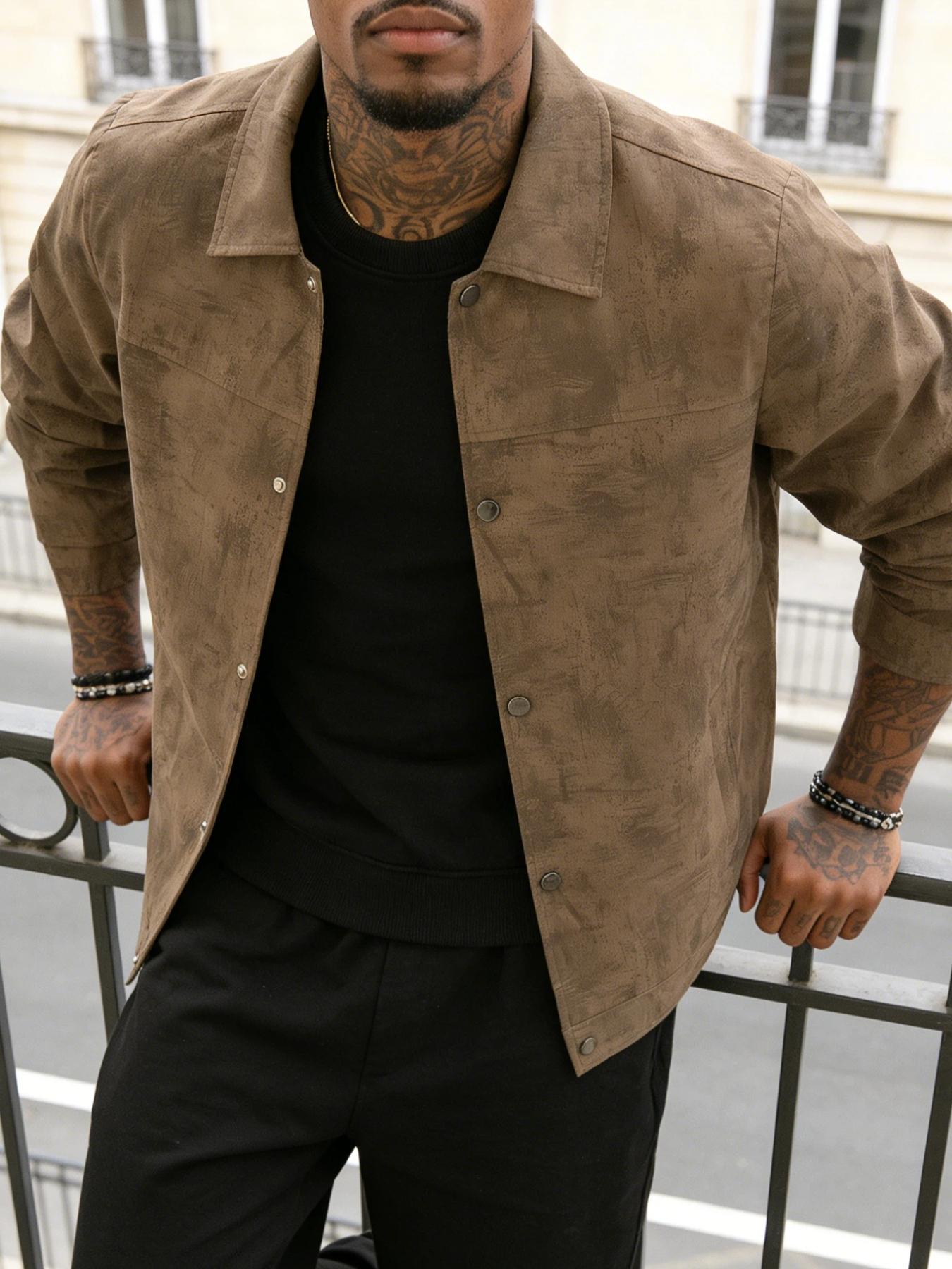 Men's Casual Versatile Fitted Long Sleeve Jacket Coat, Casual Fitted Jackets, 100% Polyester Fiber, Button Front with Snap Closure, Collar Design, Spring & Fall, Casual Outerwear