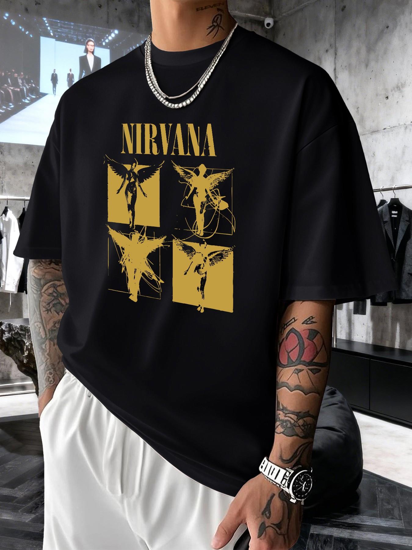 Nirvana Retro Rock Print Men's Fashion T-Shirt, Casual Graphic Short Sleeve Top, Comfortable Round Neck Tee for Spring Summer
