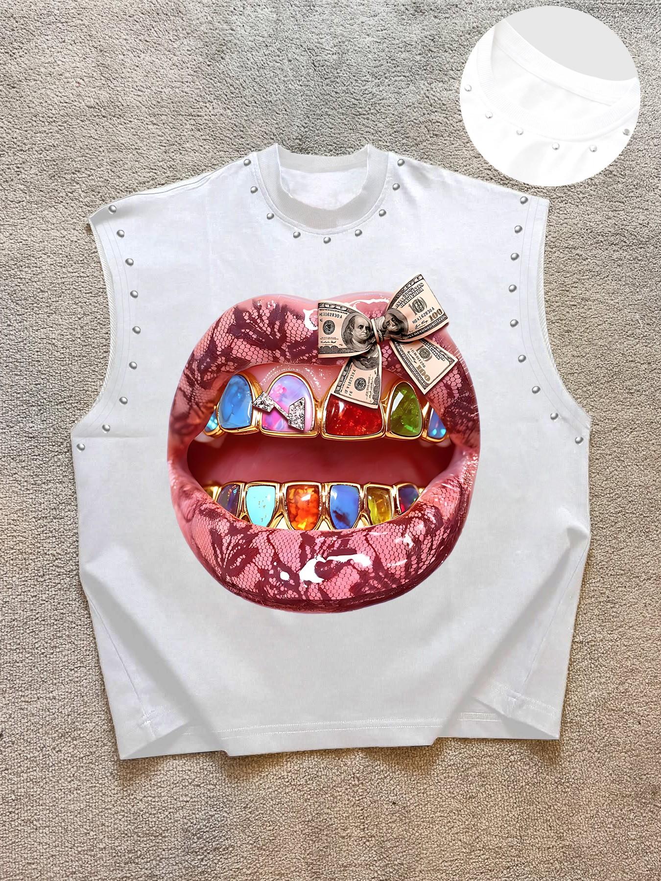 Men's Casual Vest with Snake Pattern Graphic Lips and Rhinestone Colorful Teeth, Funky Hip Hop Streetwear Style for Night Out, Nightclub, Fast-Drying Fabric for Comfortable Fit