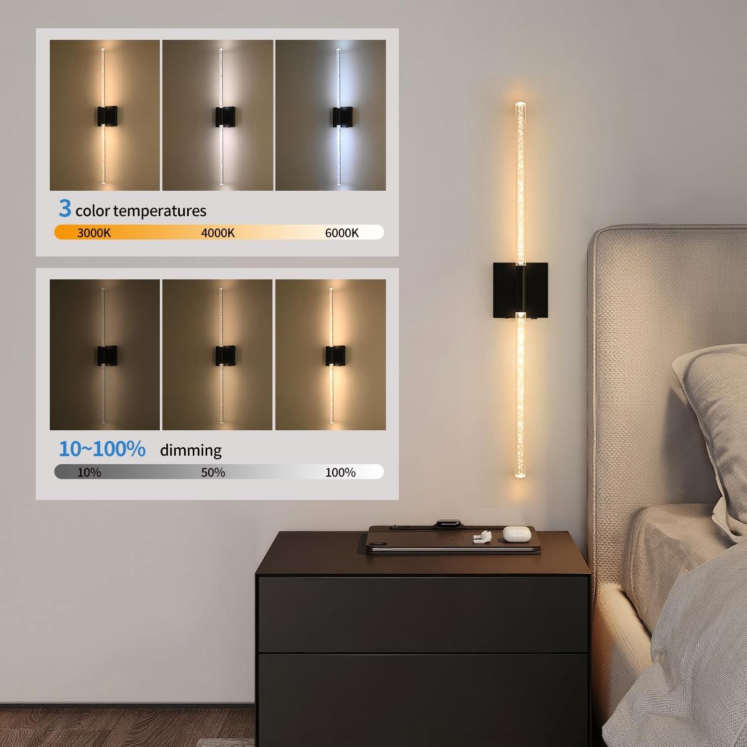 Set of 2 LED Wall Sconces, Black and Gold / 80cm Modern Rectangular Crystal Wall Sconces - Rechargeable with Remote Control - Dimmable - Ideal for living room accent walls, hotel corridors, hallways, and home interiors