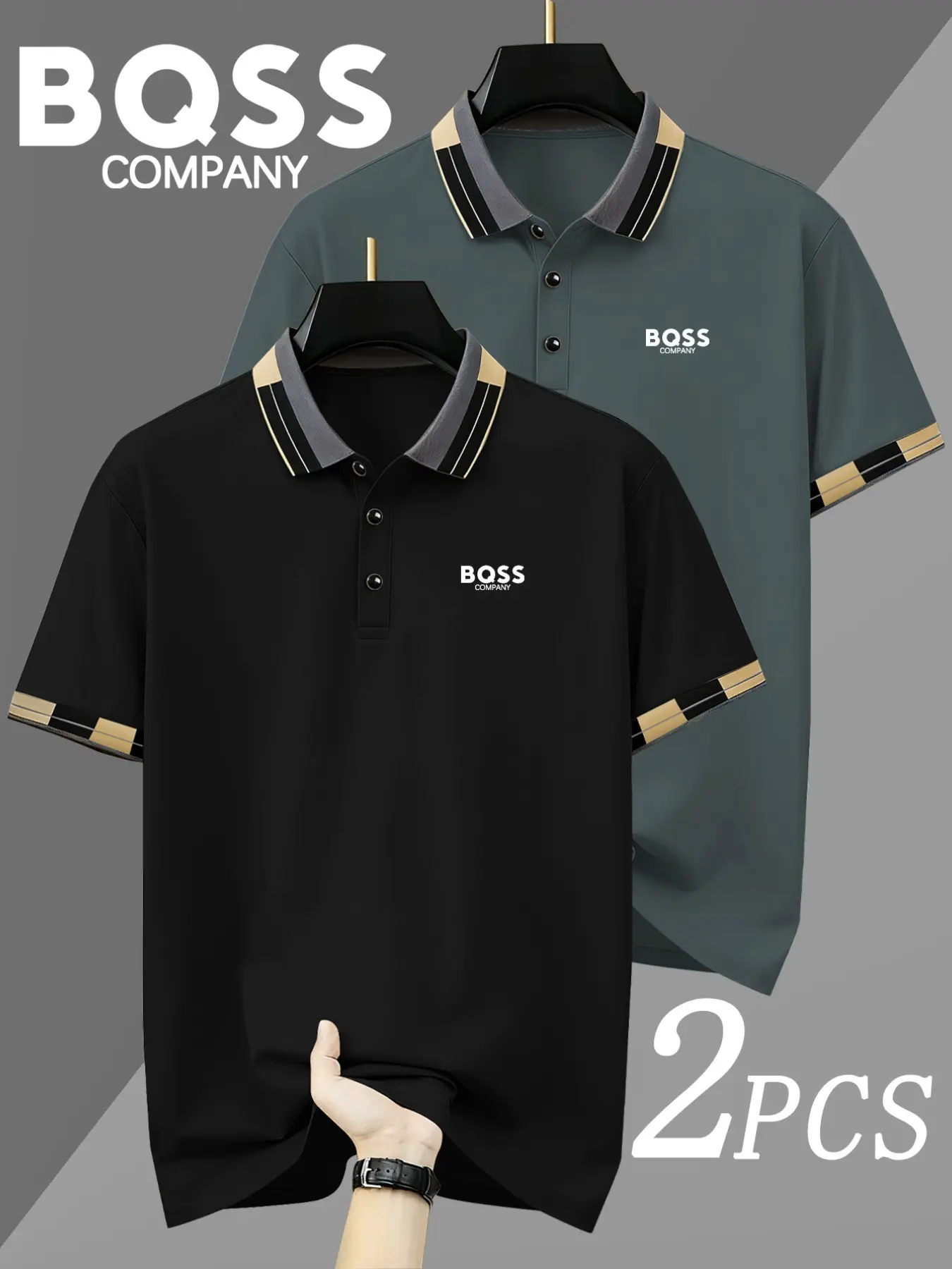 Two-Pack HH4518 Classic BQSS Logo Men's Polo Shirts, Breathable Stretch Collared Tops for All-Season Casual Wear