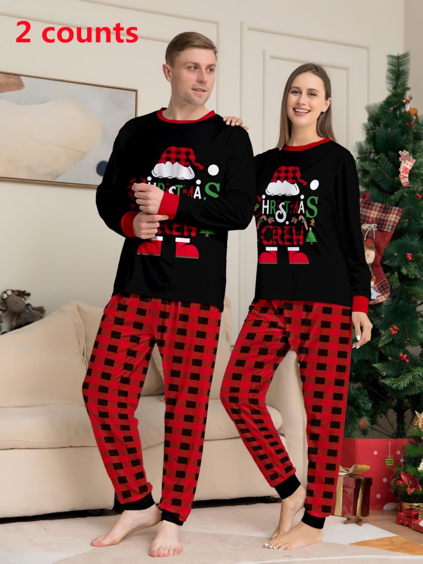 Couple's Christmas Themed Print Pajama Two-piece Set, Casual Comfy Long Sleeve Top & Elastic Waist Pants PJ Set, Men's Sleepwear for Spring & Fall, Loungewear