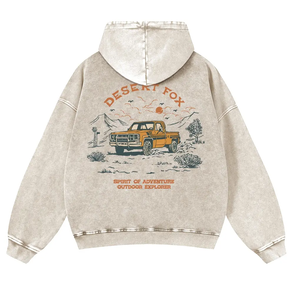 Unisex Vintage Washed Beige Acid Wash Hoodie, Cotton Blend Desert Fox Print Oversized Pullover, Multi-Size Casual Camping Outdoor Explorer Streetwear Tops
