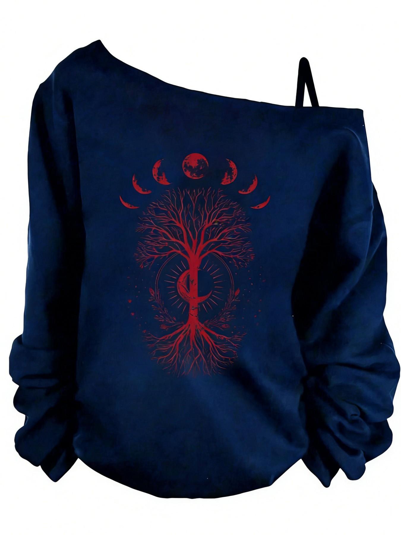 Women's Off-Shoulder Slouchy Casual Sweatshirt, Moon Phase Tree of Life Print, Oversized Pullover, Boho Occult Graphic, Women's Tops, Womenswear, Spring&fall
