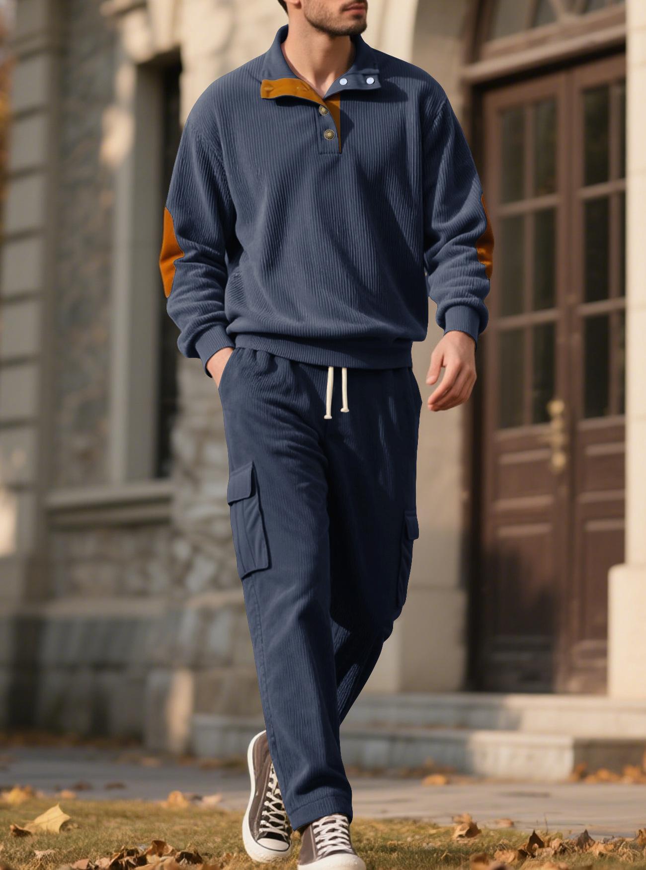 Men's Casual Sporty Corduroy Two-Piece Set (Long-Sleeve Collared Top & Loose-Fit Utility Pants) – Euro-American Style