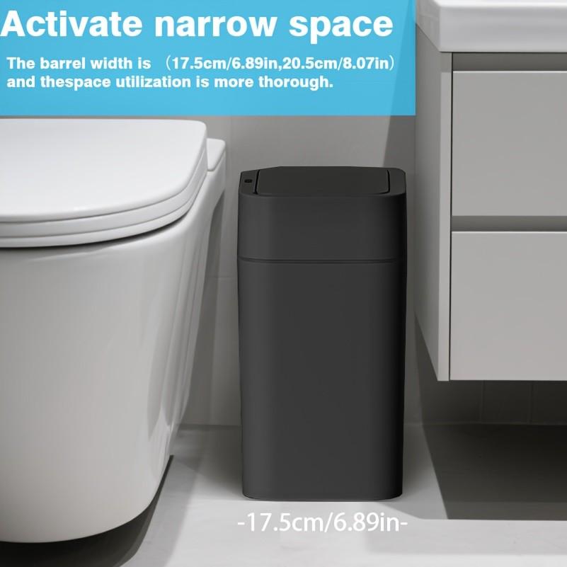 Touchless Trash Can, 3.43 & 5.02 GAL sizes available, automatic motion sensor garbage bin, hands-free soft-close lid, slim plastic body with odor-sealing design, suitable for kitchen, bathroom, office, hotel, requires 2 AA batteries (not included).