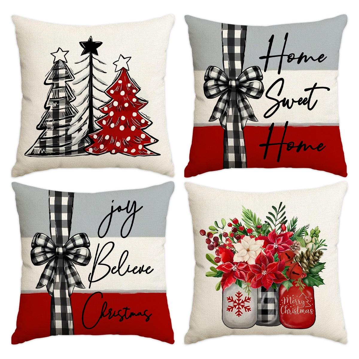 4pcs Christmas Pillow Covers Set, Tree Santa Snowflake Reindeer Prints, Winter Holiday Home Decor Cushion Cases for Bedroom Sofa Car Decoration, Halloween