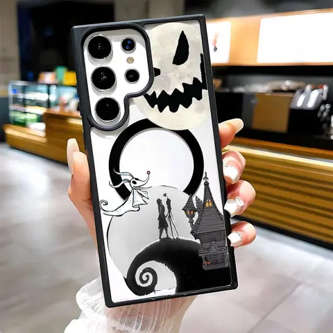 Jack Skellington Ghost Dog Halloween Spooky Moon Magnetic Casing - MagSafe-Compatible Silicone Bumper Protective Cover for Samsung S26 S25 S24 S23 S22 Ultra Plus FE Cellphone Smartphone Handheld Devices