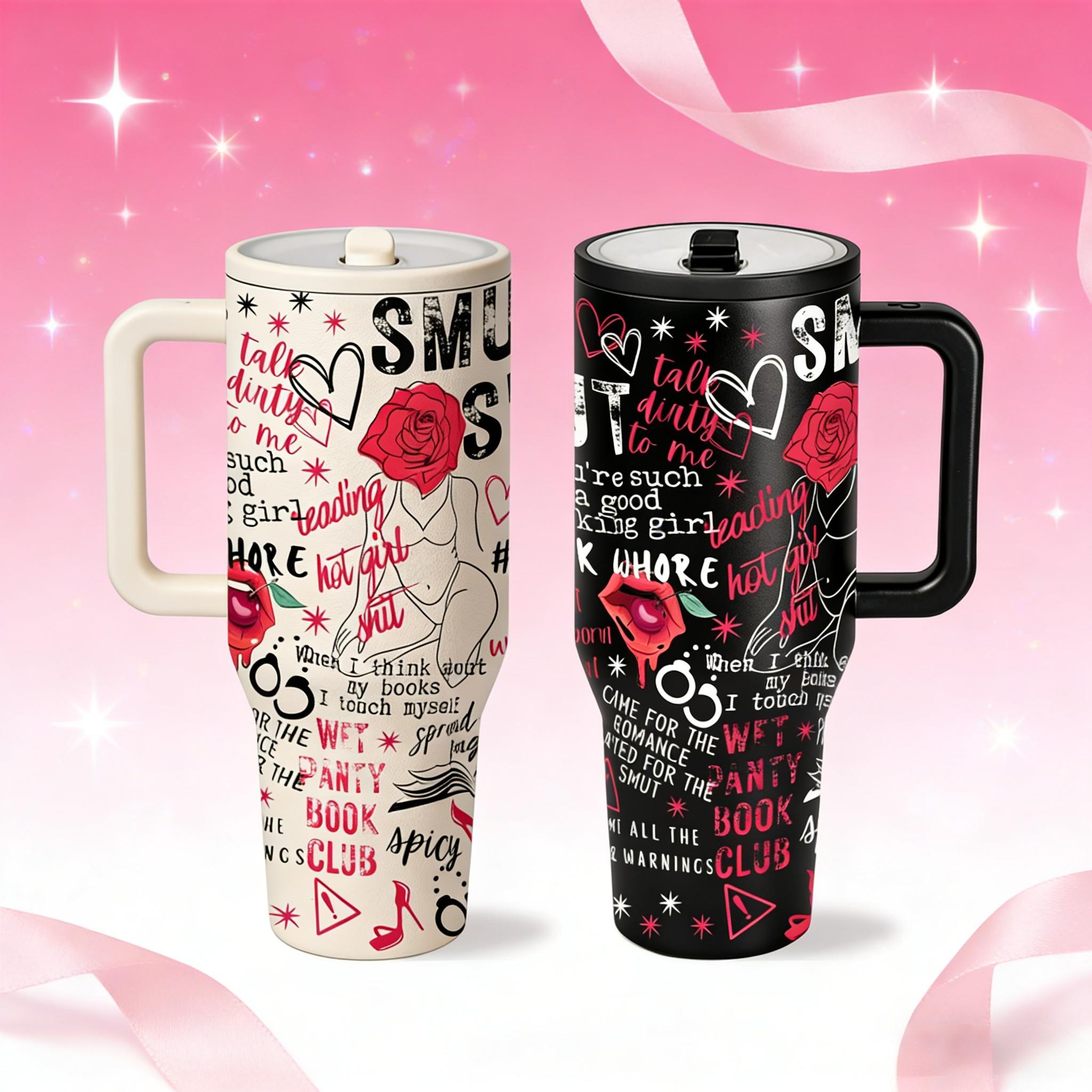 1 Pc 40oz Insulated Mug With Handle And Straw Lid, Double Wall Vacuum Cup, Leak Proof Large Capacity Thermal Mug, Keeps Hot 12 Hours Cold 24 Hours, Smut Book Club Dark Rose Heart Print, Gift For Women Men, Valentine Holiday Car Cup, Tumbler
