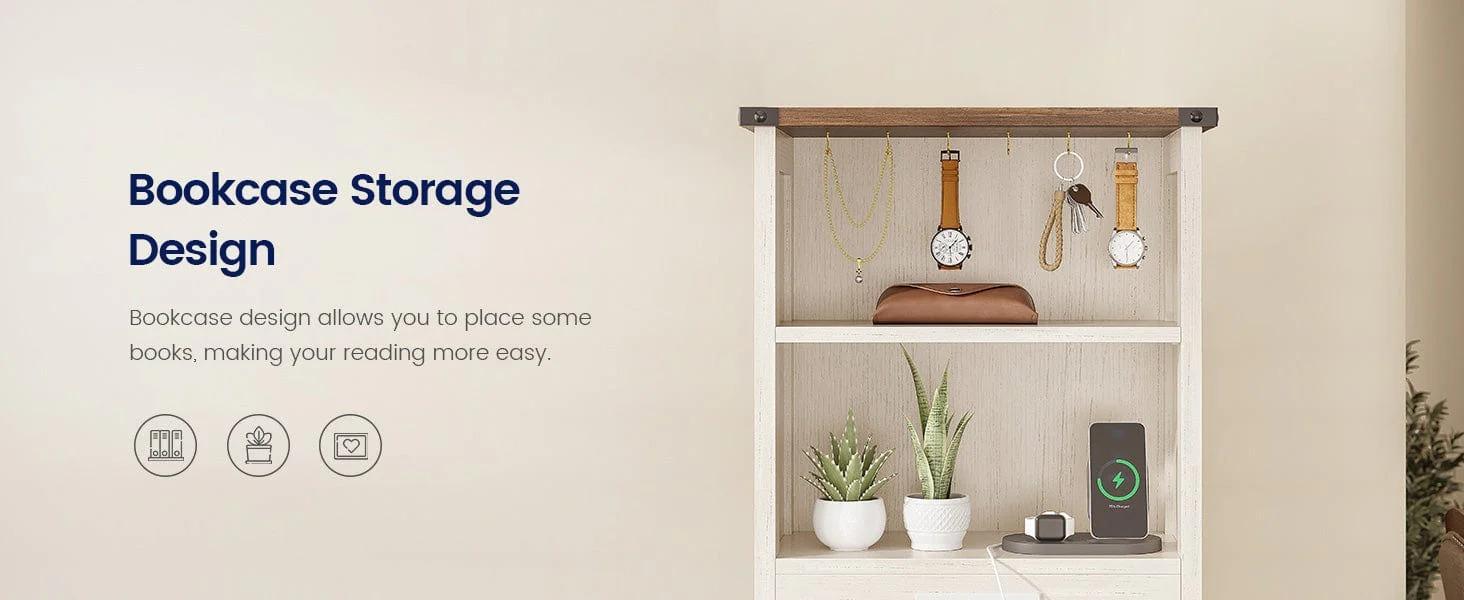 Sikaic Tall Nightstand with Charging Station and Bookshelf White Farmhouse Bedside End Side Table with Led, 2 Drawers, 6 Hooks and Storage Shelves for Bedroom