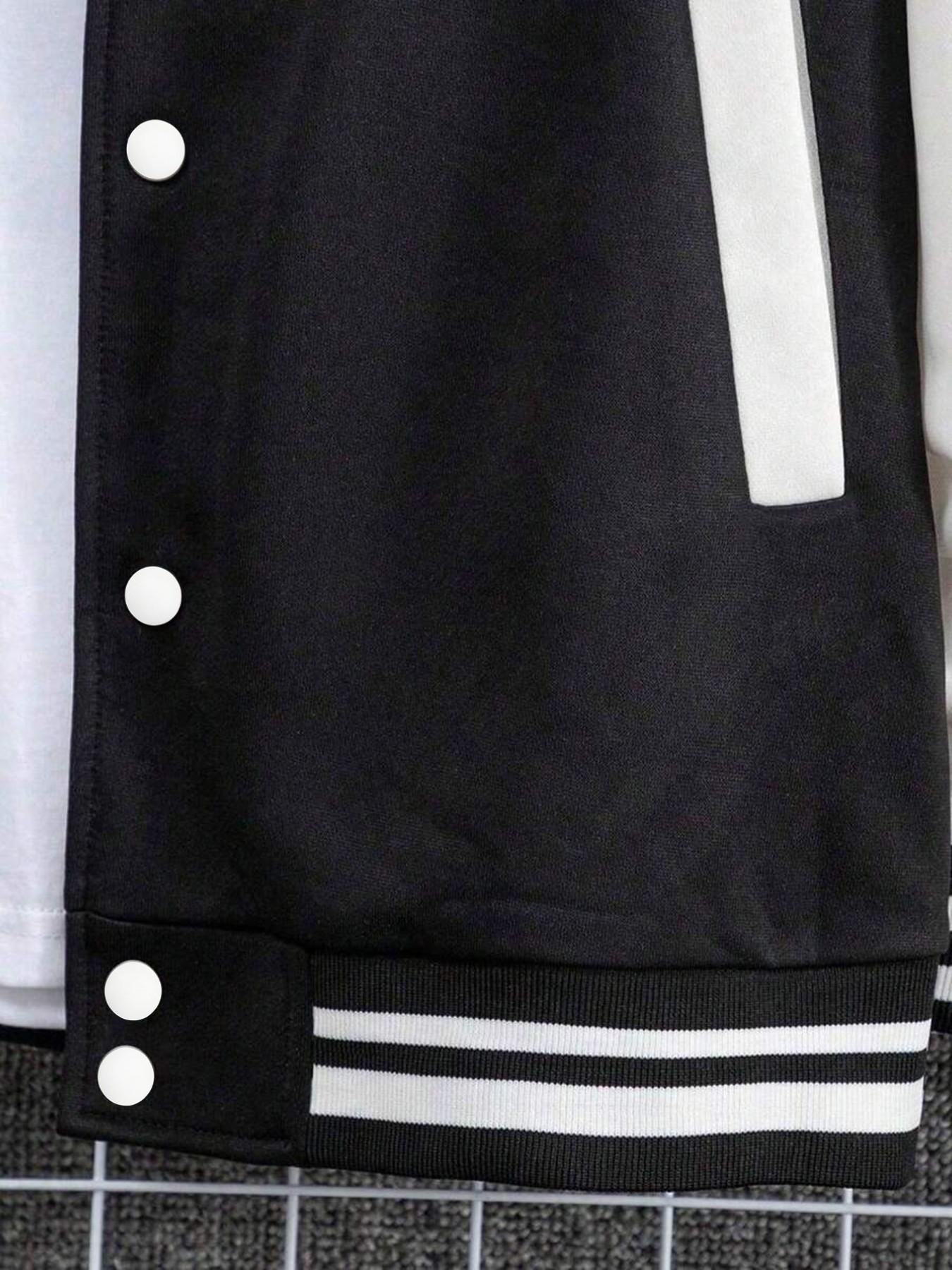 Trendy Baseball Jacket La Style, Colorblock Sleeves, Button Closure, Stretch Fabric, All Season Comfortable Outerwear, High-Quality Stitching