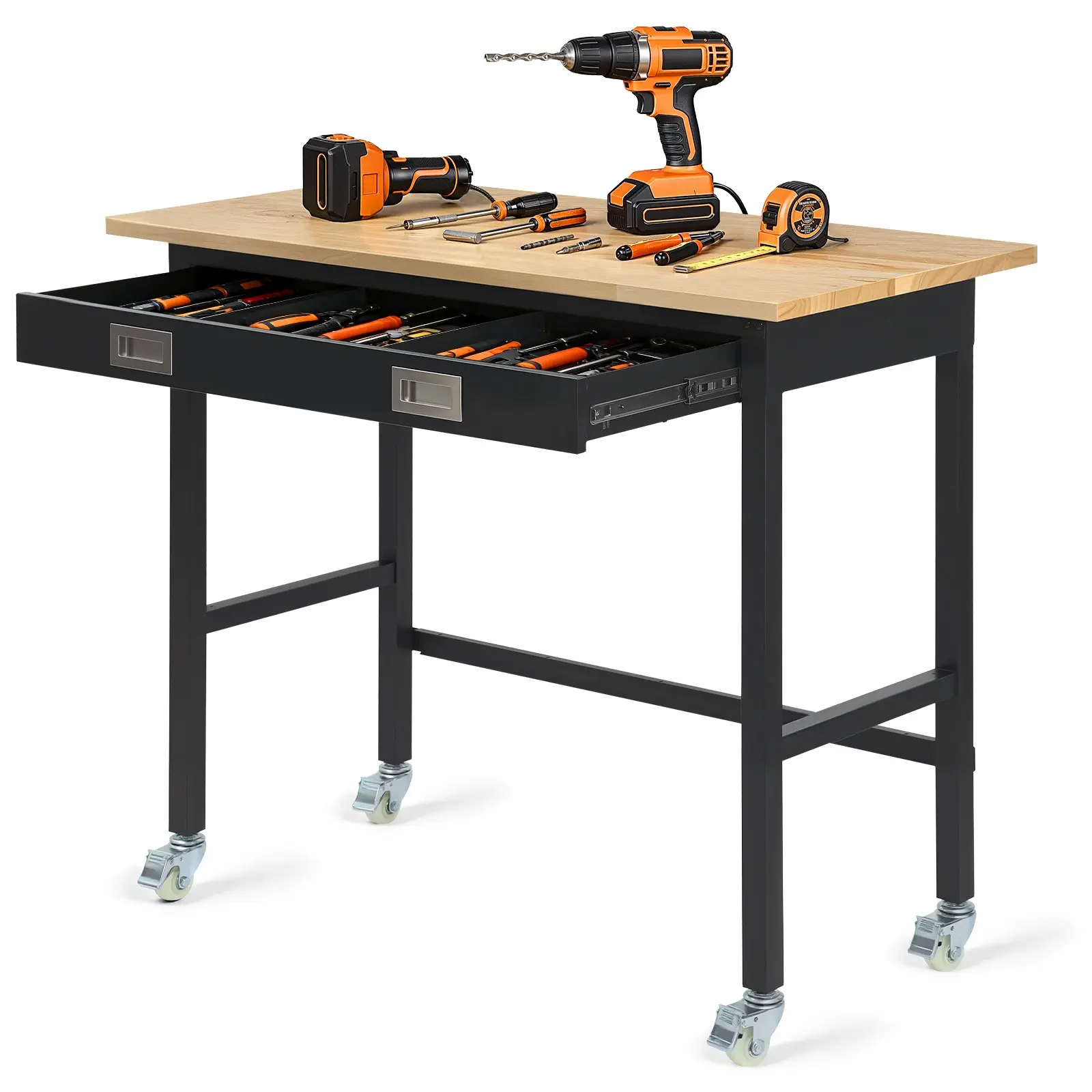 VEVOR 48-inch Workbench, 1500 lbs Load Capacity, Garage Workbench with Drawer Storage Wheels, Workshop Bench on Wheels, Heavy Duty Oak Wood Top Work Table for Garage, Workshop, Office, and Home