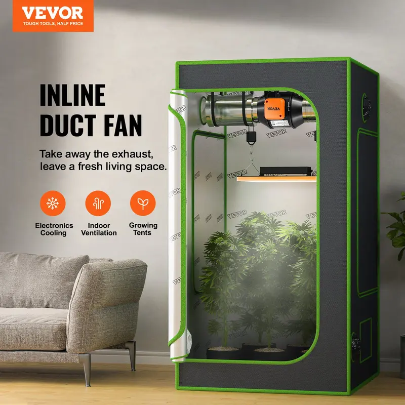 【toolupgrade】VEVOR 4-Inch Inline Duct Fan, 205 CFM Quiet EC-Motor Ventilation Fan with Boost Mode, PWM Temperature Humidity Control & Sensor, Energy-Efficient Compact Unit for Indoor Grow Tents