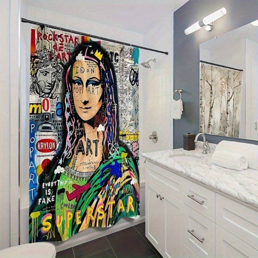 One Colorful Graffiti Art Portrait Shower Curtain Designed For Home Decor, Featuring A Non-Perforated Partition For The Bathroom, Machine Washable, And Comes With Hooks For Easy Setup