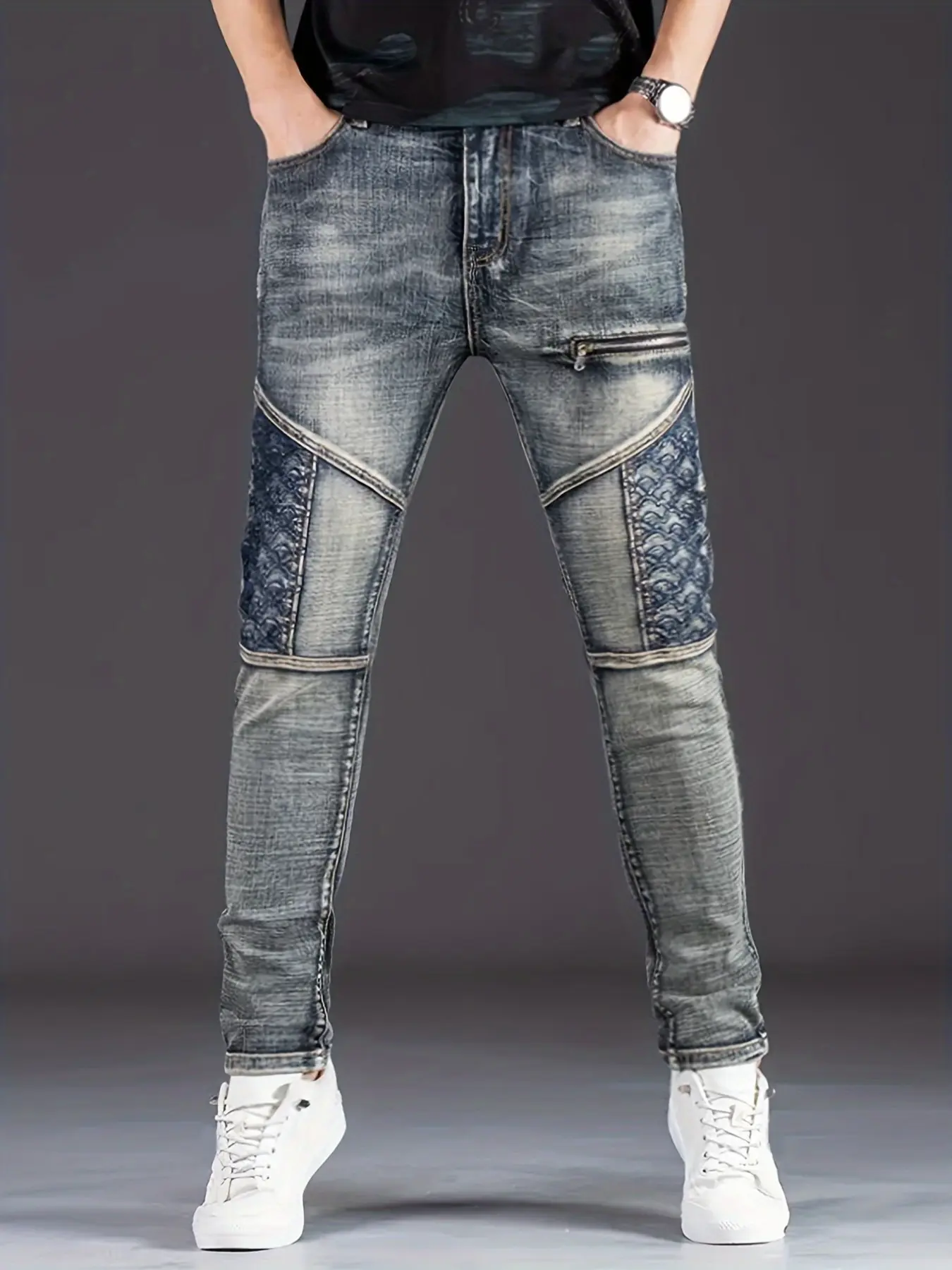 Men's Vintage Denim Jeans, Patchwork Slim Fit, Fish Scale Embroidery, Side Zip Pockets, Comfortable Fashion, Casual Daily Wear