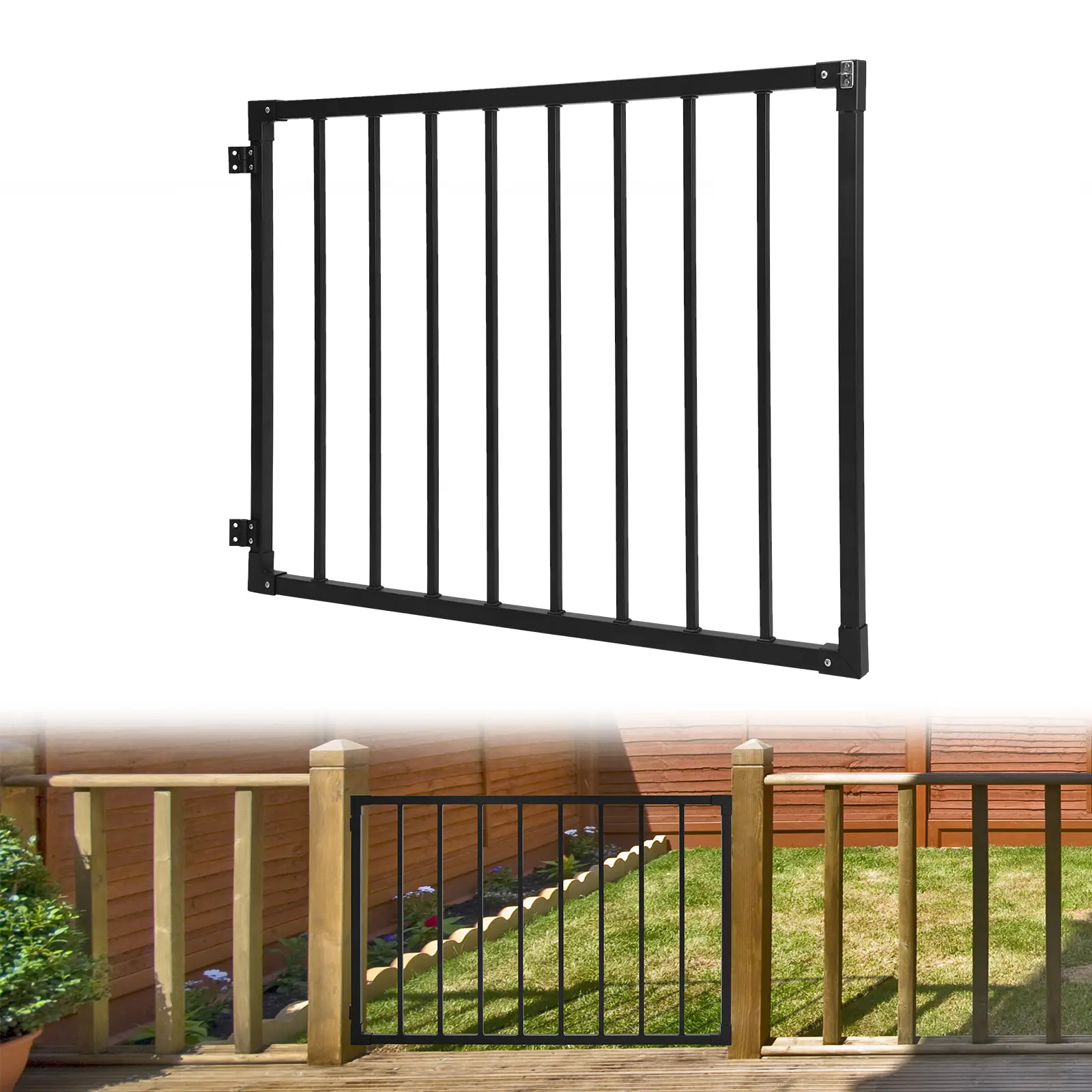 Heavy Duty Steel Deck Gate Kit with Self-Closing Hinges, Black Powder Coated Outdoor Safety Gate for Deck Porch Patio Stairway, Fits Up to 48 Inch Opening