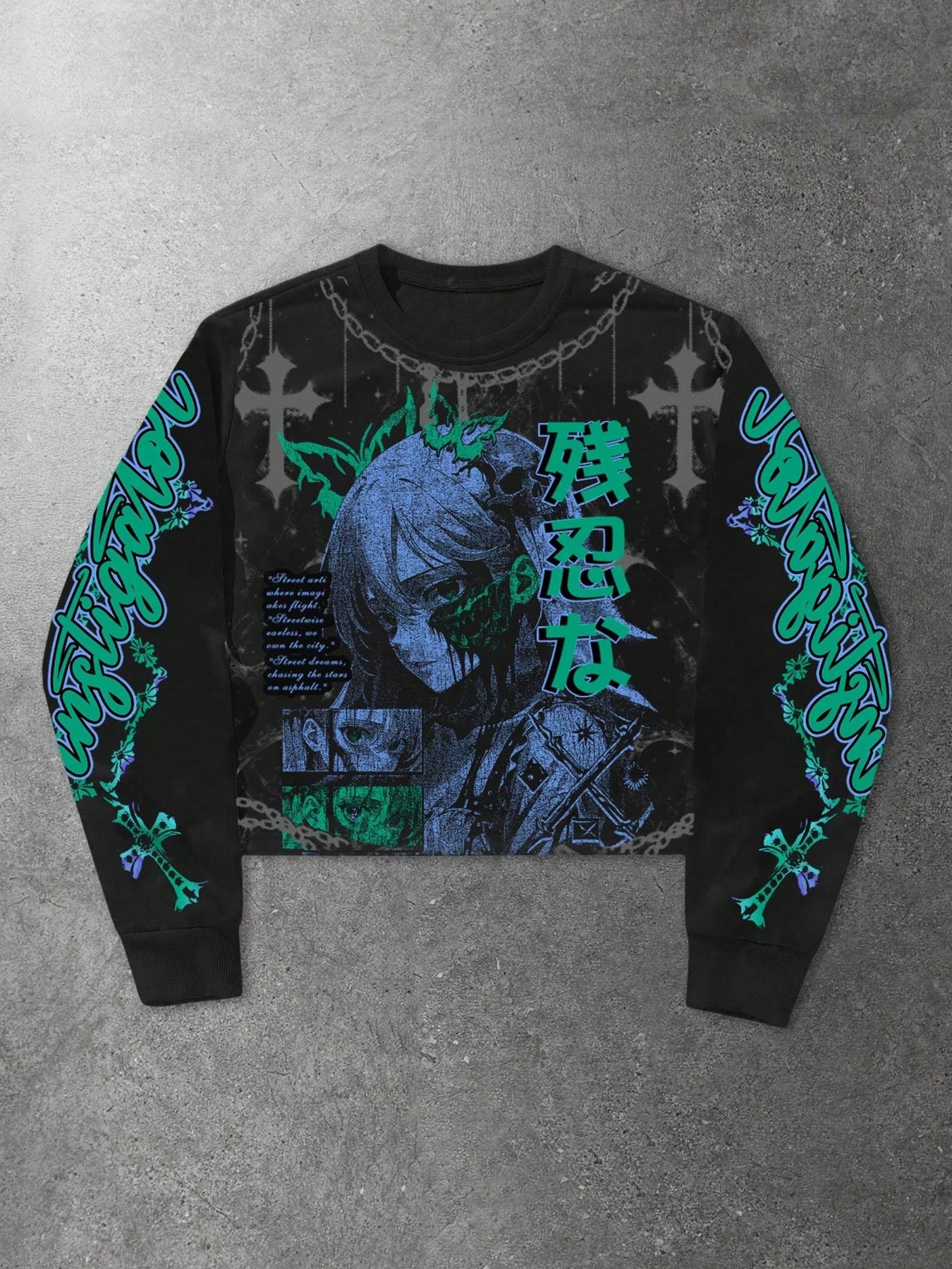 Unisex Streetwear Angel Print Design Sweatshirt, Loose-fitting Casual Long Sleeve Crewneck for Fall & Winter Fashion