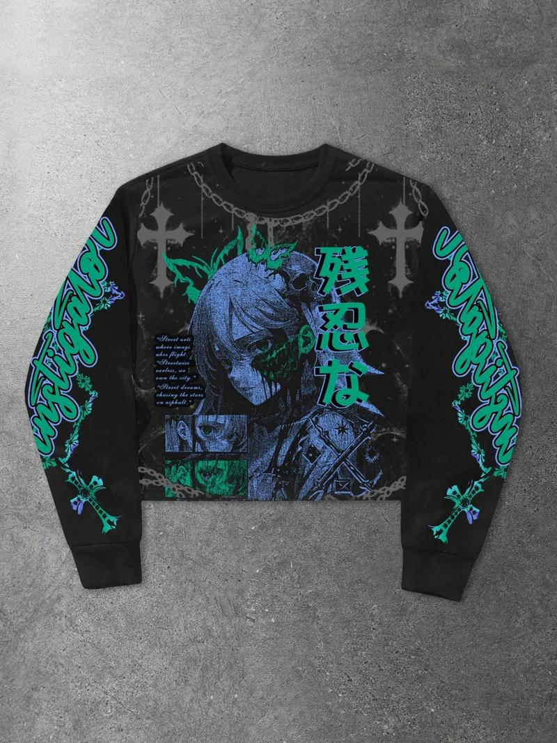 Unisex Streetwear Angel Print Design Sweatshirt, Loose-fitting Casual Long Sleeve Crewneck for Fall & Winter Fashion