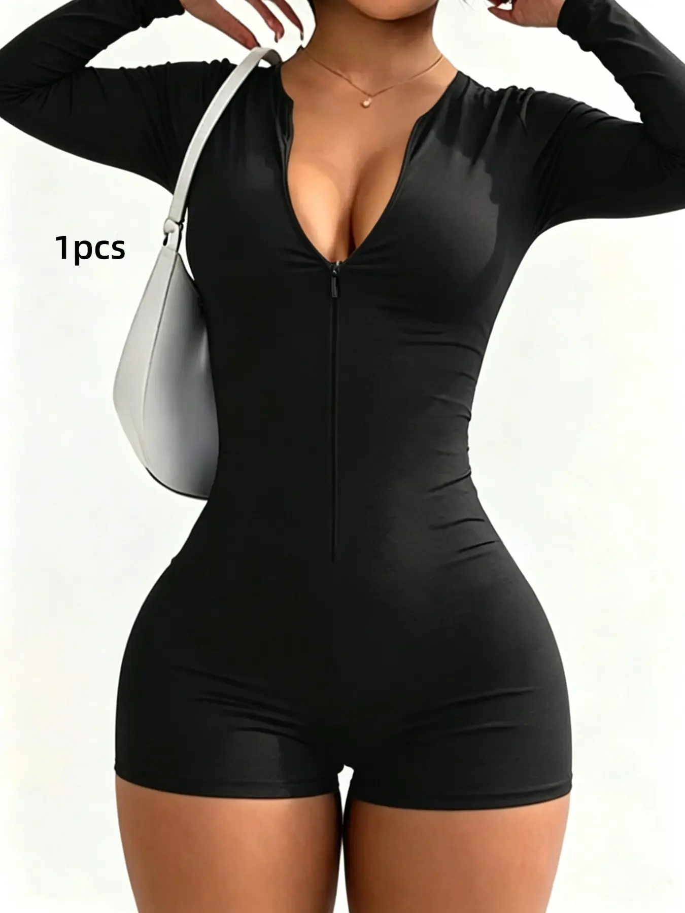 Tight Invisible Zipper Solid Color Fashion Sexy Bodycon Long Sleeve Jumpsuit, Casual Short Pants, Unlined, Plain Surface, China Made