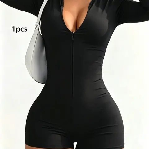 Tight Invisible Zipper Solid Color Fashion Sexy Bodycon Long Sleeve Jumpsuit, Casual Short Pants, Unlined, Plain Surface, China Made