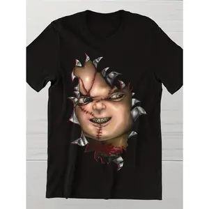 Unisex Graphic Tee for Movies - Vintage 'Doll' Design Casual Crew Neck Shirt Featuring The Famous Red And Chucky Face Print, Ideal for Grown-Ups