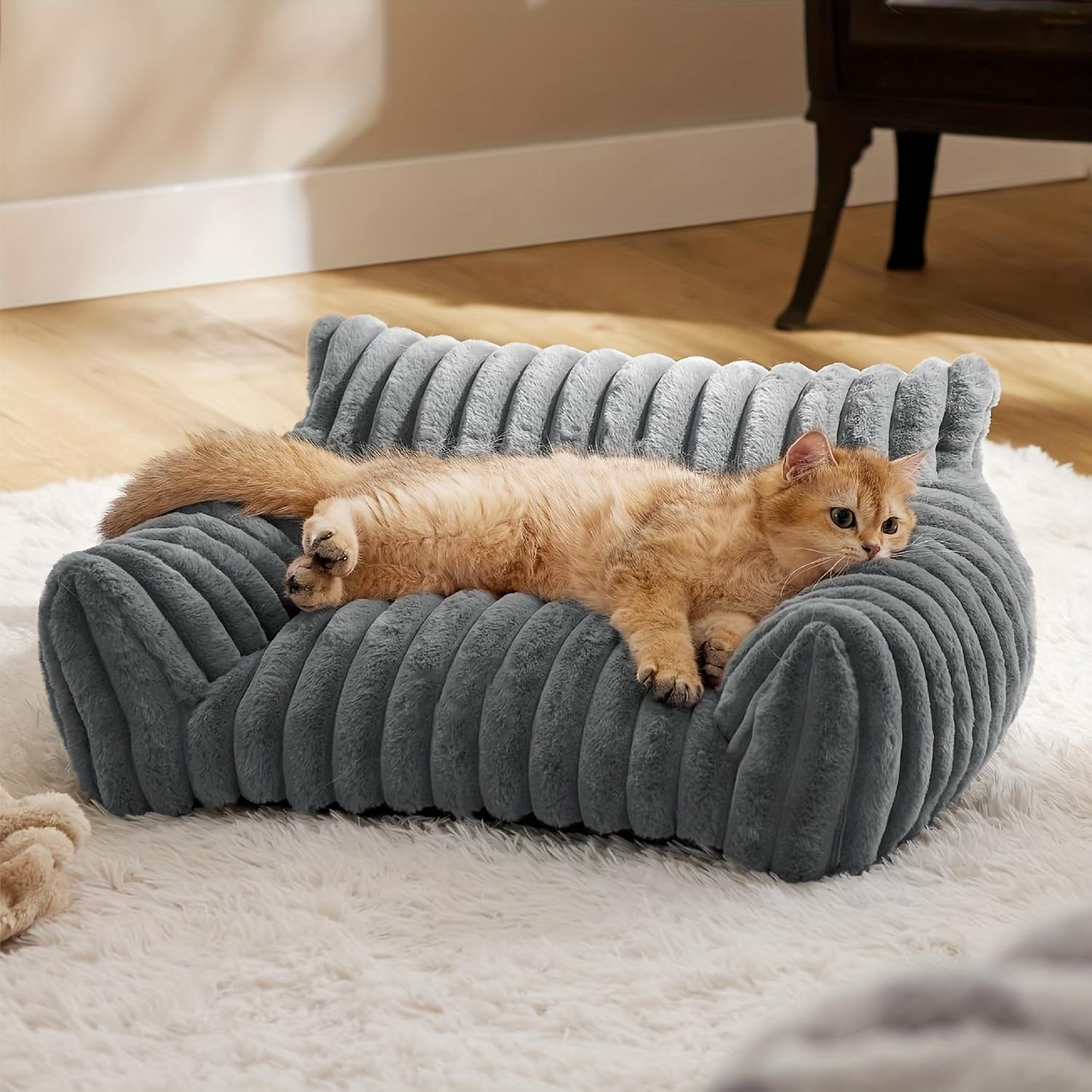 Pet Cat Sofa Bed, Fluffy Cat Bed Made of Soft Corduroy Fabric, Plush Indoor Cat Couch Sturdy Support Without Sagging