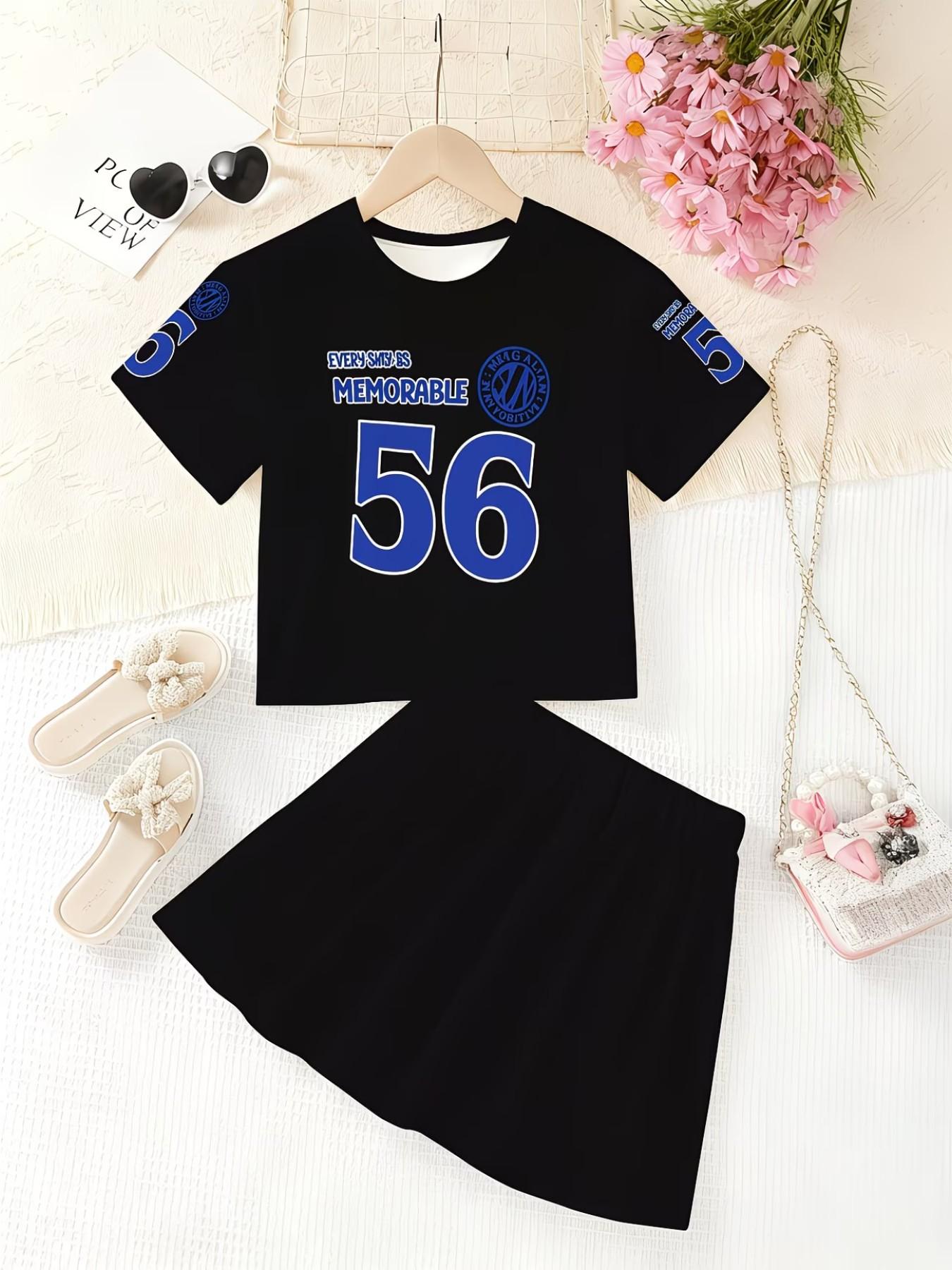 Girls' 3D Print Number Pattern Top and Skirt Set, Casual Slim-Fitting Summer, Round Neck Short Sleeve, Daily Wear