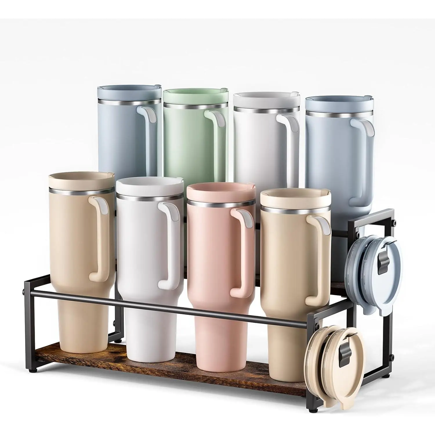 2-Tier Stanley Cup Holder for 8 Tumblers, Lid Organizer, Natural Wood| Water bottle rack for 40oz tumblers, with side lid hooks for lids, great as syrup rack or pantry organizer.
