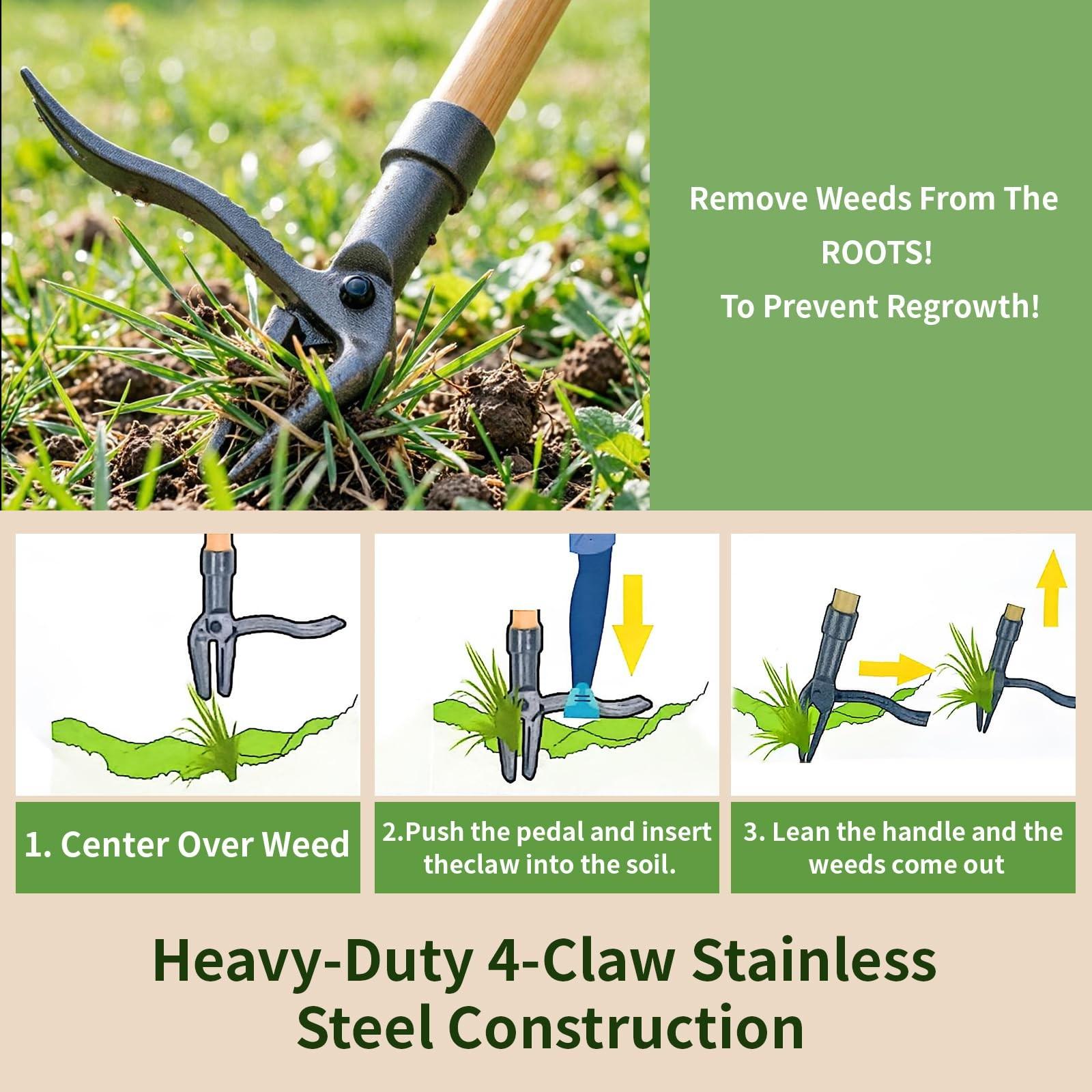 LIVOPRO New Stand-Up Weeding Tool with 4-Claw Steel Head & Long Handle, Manual Weed Puller Removes Weeds & Roots, No Bending or Kneeling Required for Garden, Lawn & Outdoor Use