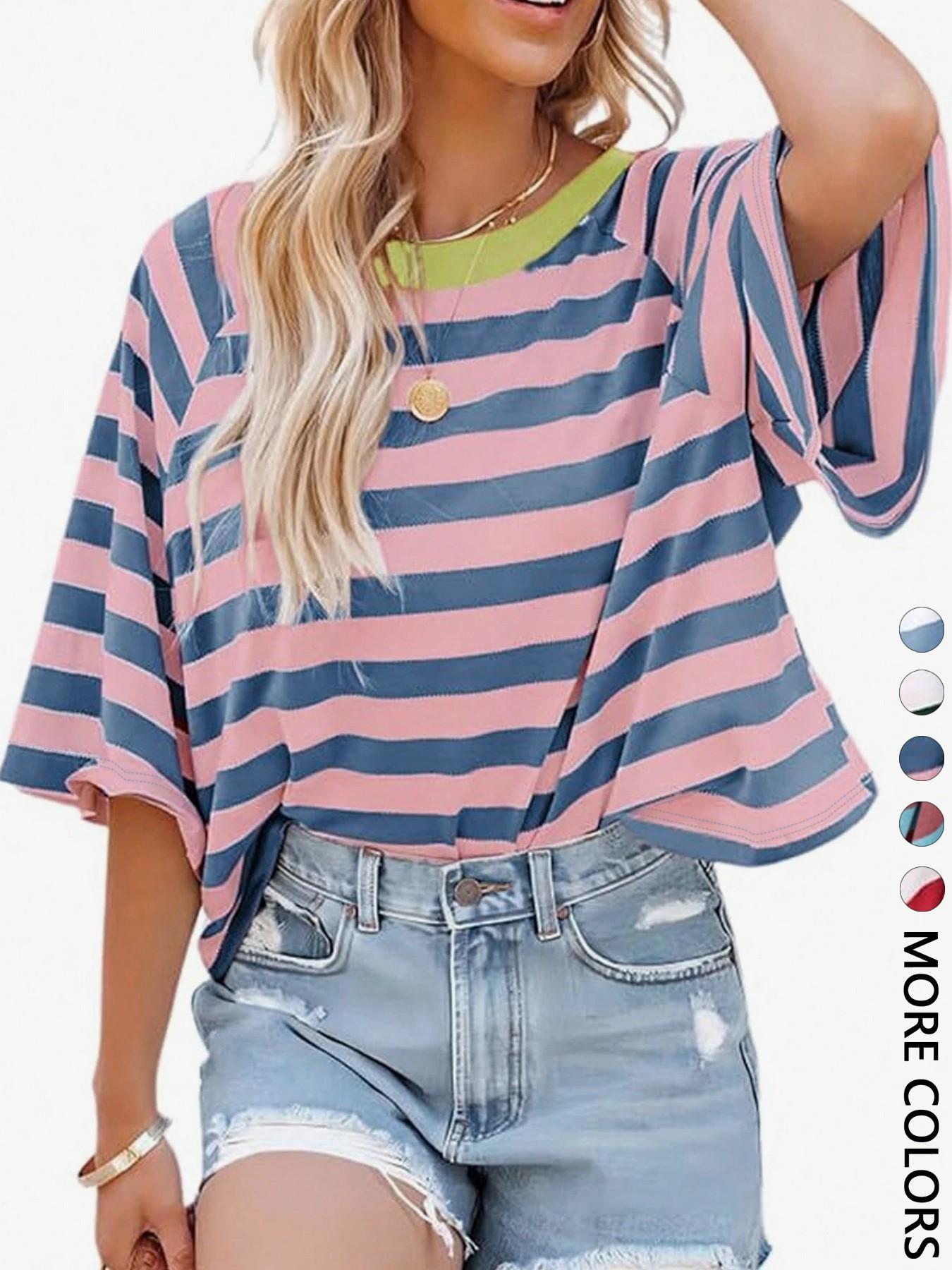 1 Piece Casual Minimalist Striped Pattern Round Neck Short Sleeve Loose Women's T-Shirt, Suitable For Summer, Oversized T Shirt
