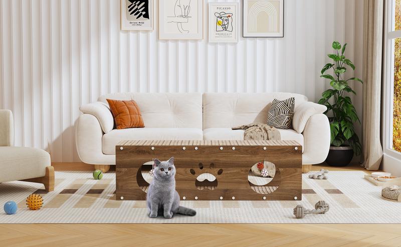 IRONCK Large Wooden Cat House & Scratcher with Ball Toy | 2-in-1 Pet Furniture for Indoor Cats, Durable Cat Bed & Playhouse