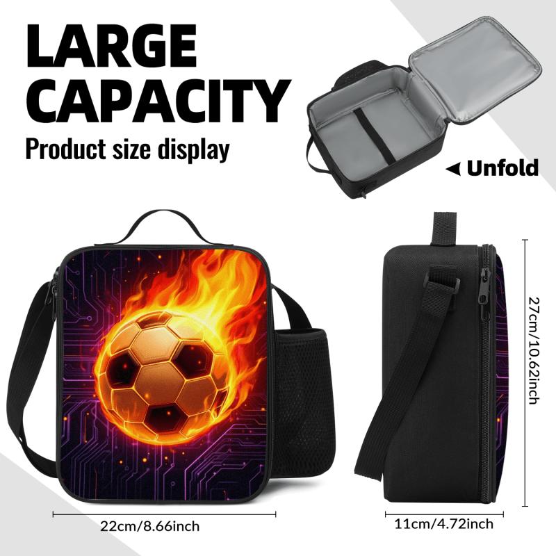 "Flaming Soccer" Insulated Lunch Bag — Features Adjustable Shoulder Strap, Top Handle, and Mesh Side Pocket — Leak-Proof Lunch Tote for Work, Commuting, Picnics, and Travel