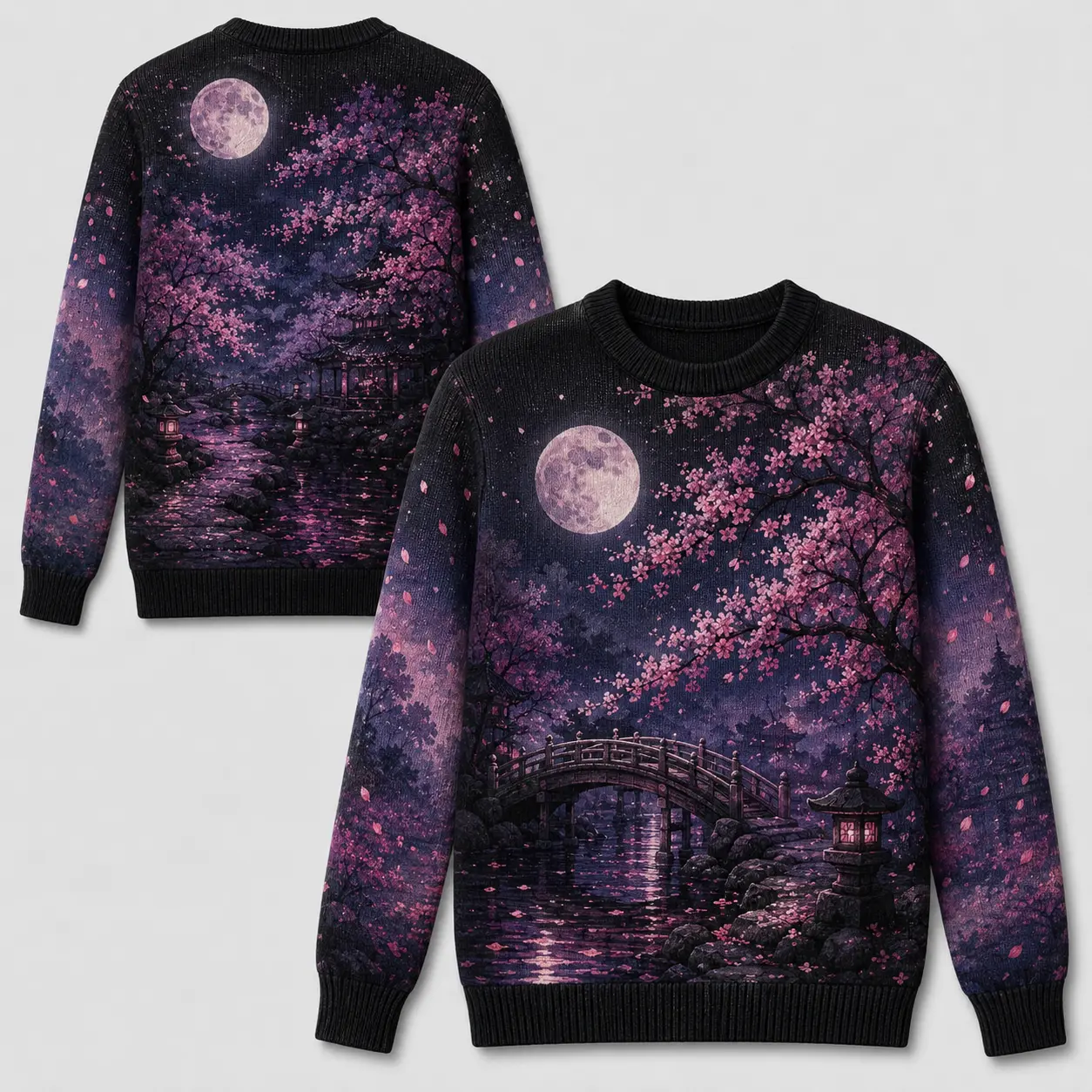 Cherry Blossom Moon Graphic Crewneck Sweatshirt for Men & Women, Japanese Garden Bridge Lantern Print Pullover, Pink Sakura Night Landscape Long Sleeve Top, Vintage Fantasy Streetwear, Fall Winter Outfit, Nature Lover Gift for Him Her, Unisex Sweater
