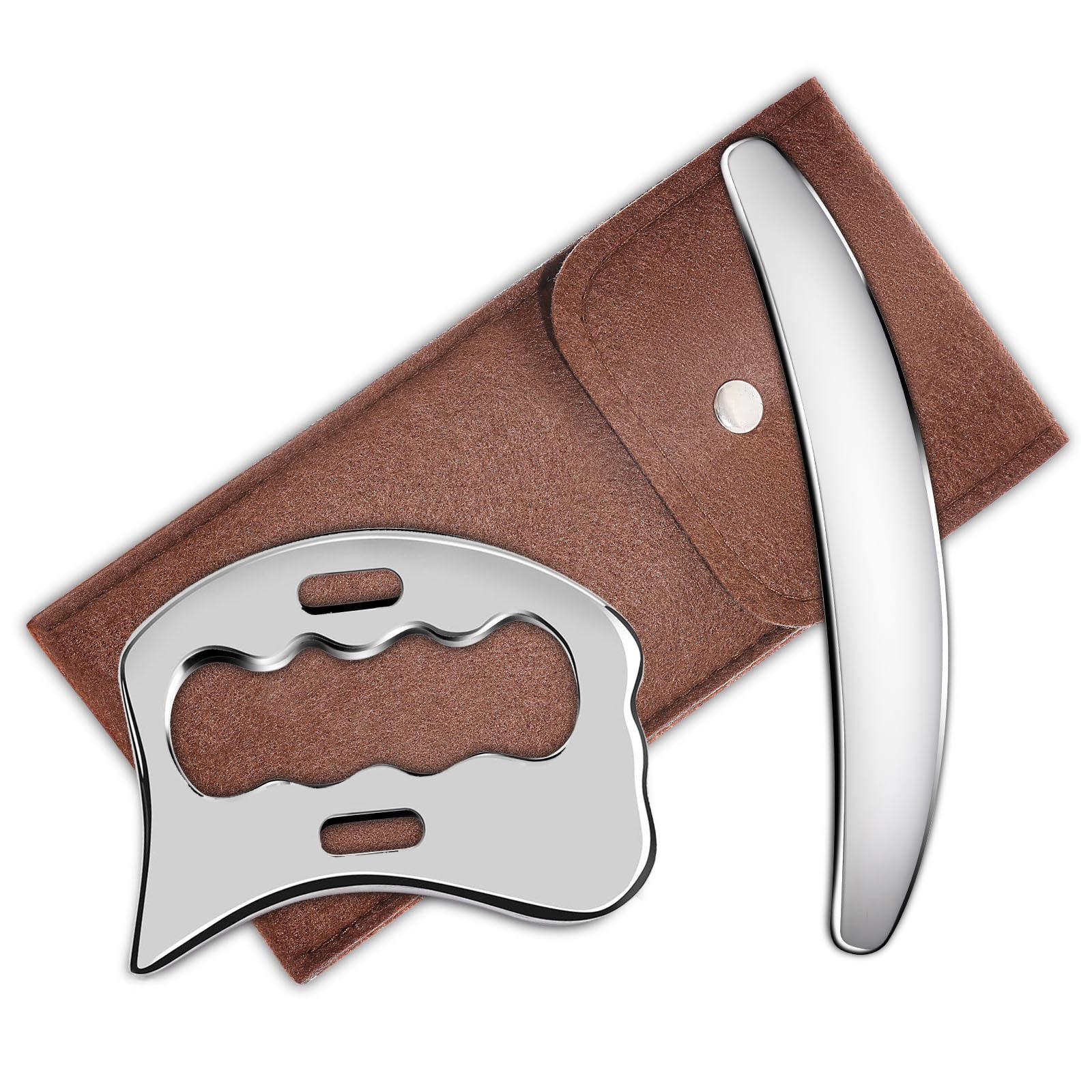 2 Counts Set 304 Stainless Steel Gua Sha Muscle Scraper Tool,Scar Tissue Tool, Muscle Scraping Tool,Guasha Massage Scraper, Fascia Scraper,Skin Scraping Tool,Soft Tissue Massage Tool with Storage Bag