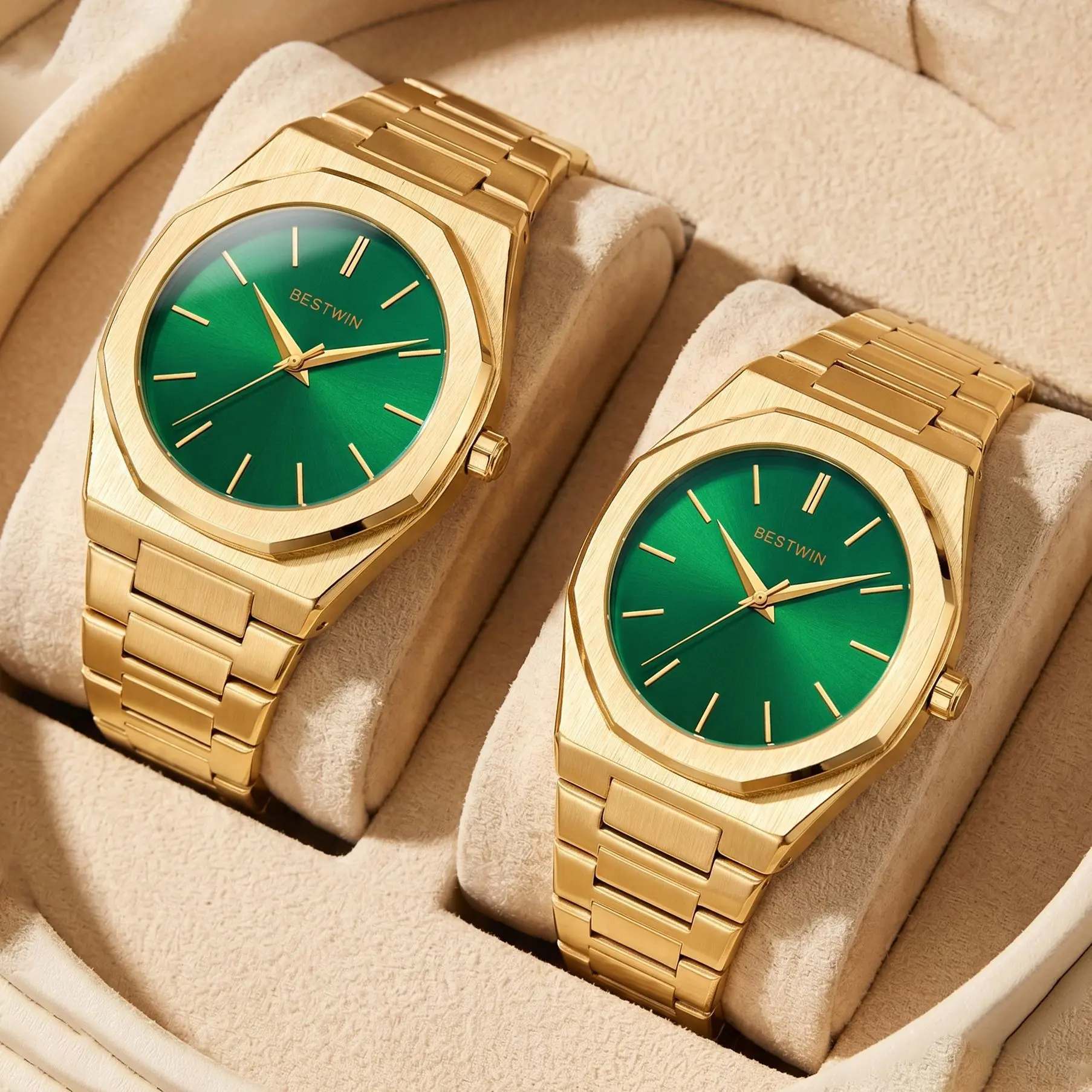 Couple Quartz Watch Set, 41mm Gold Stainless Steel Unisex Pair, Octagonal Sunburst Green Dial Minimalist Waterproof Dress Watches, Luxury Anniversary Gift, Sunburst Dial