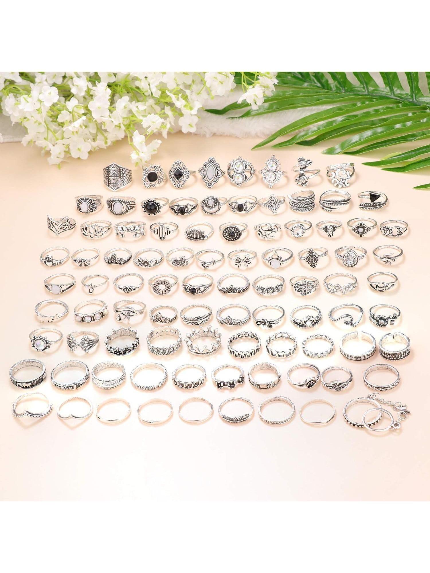 90 Pcs Vintage Silvery Stackable Ring Set for Women Men Bohemian Retro Midi Knuckle Rings Pack Hypoallergenic Alloy with Floral Geometric Snake Moon Patterns Punk Boho Style Jewelry Perfect for Daily Outfits Parties Gifting