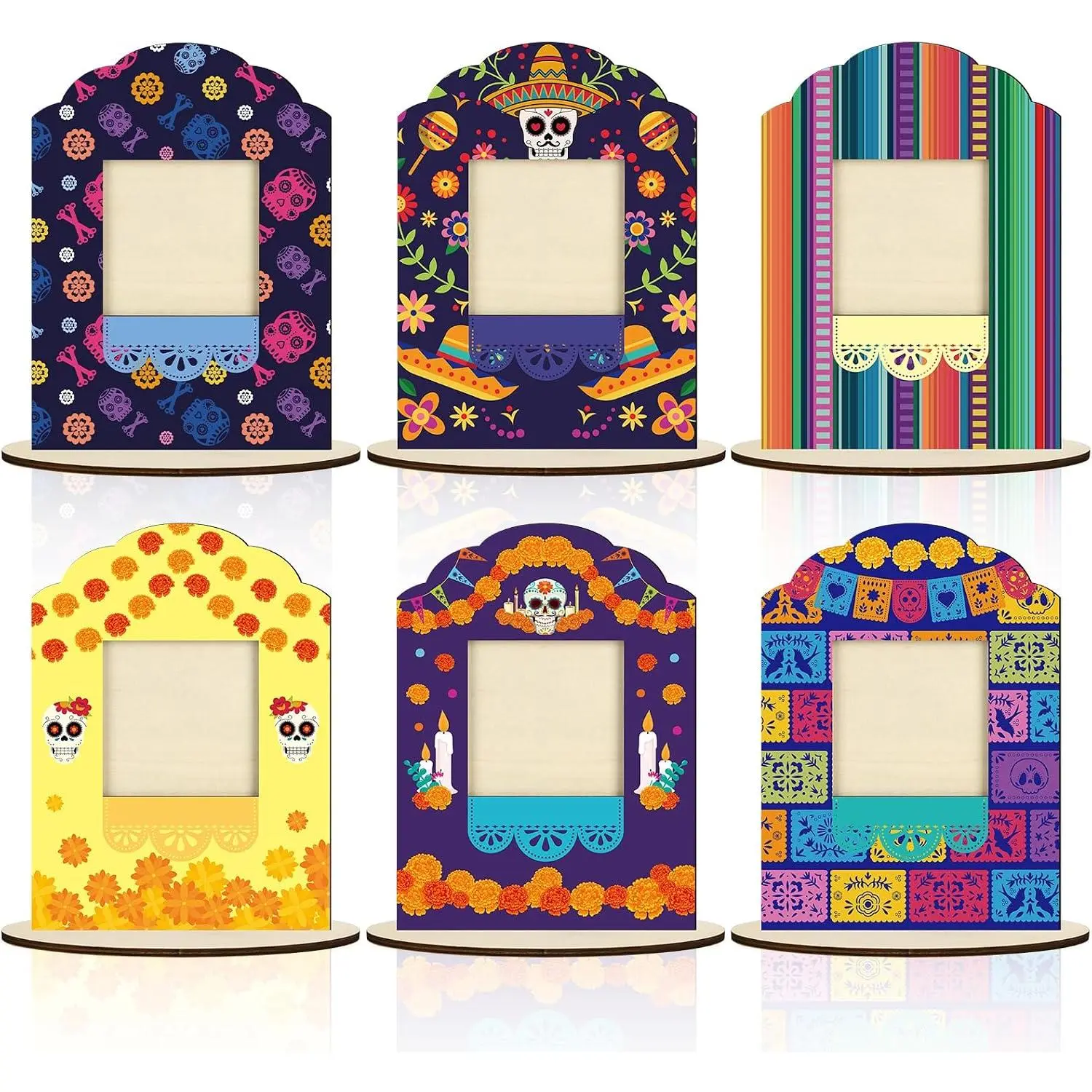 6-Piece Decorative Rectangular Wooden Day of The Dead Photo Frames, Tabletop Mount Altar Decor for Mexican Fiesta Ofrenda Halloween Decorations