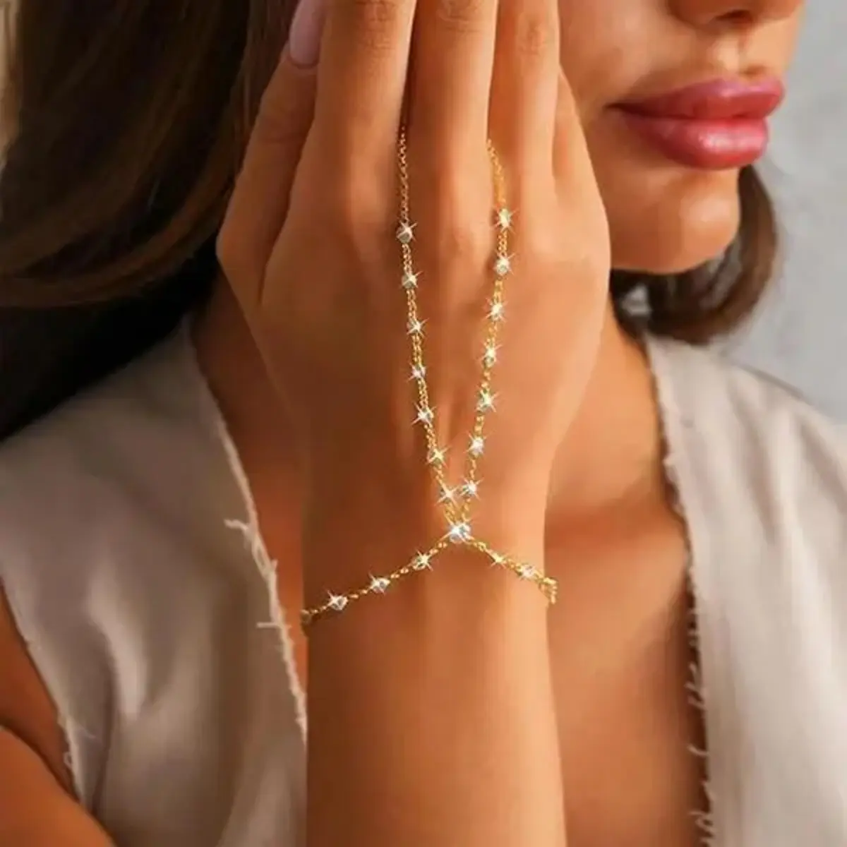 Gold Rhinestone Hand Chain Bracelet - Trendy Finger Ring Connected Palm Jewelry, Sparkling Festival Accessory, Birthday Gift for Women